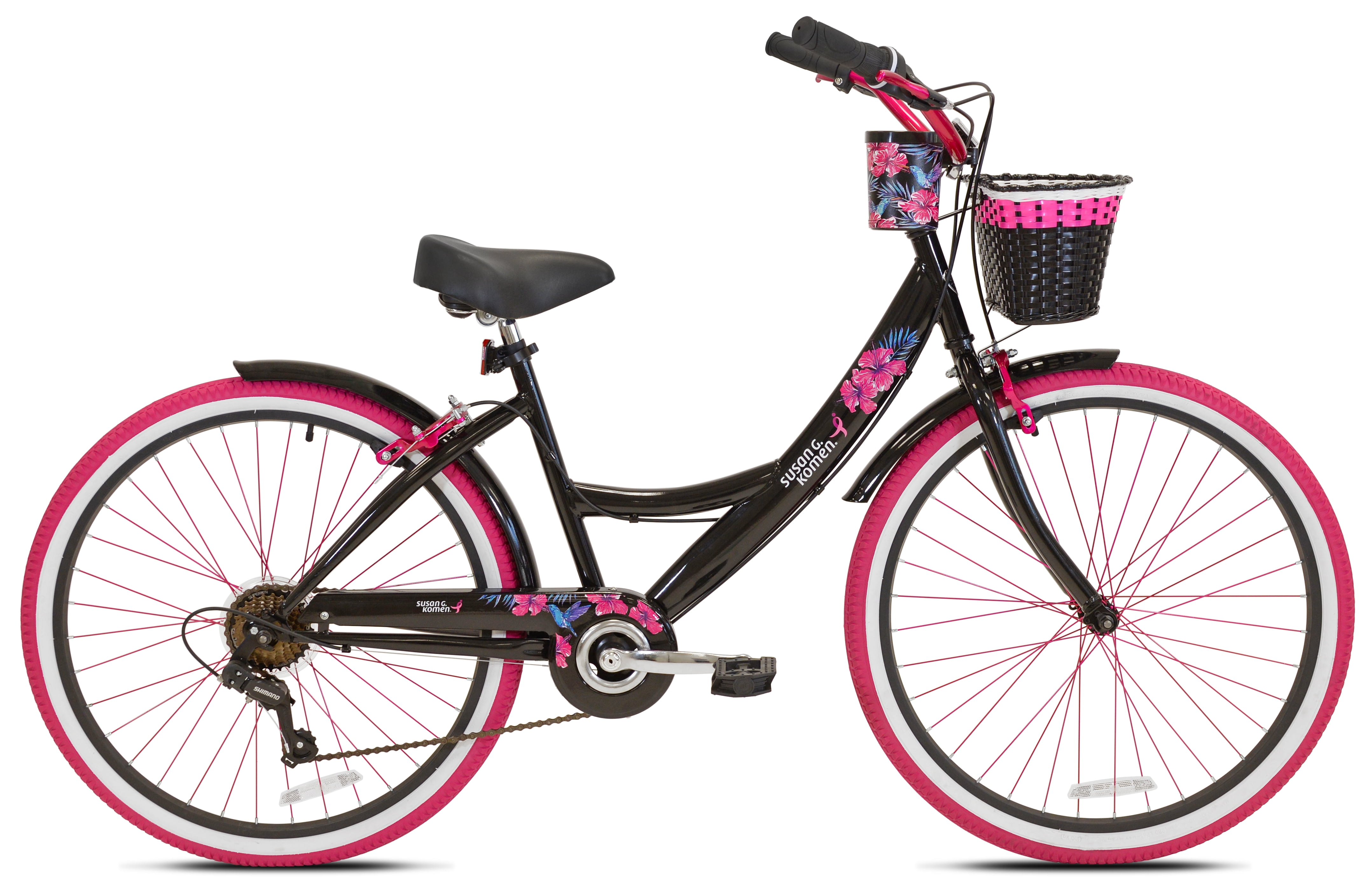 Kent Bicycles 26 in Susan G. Komen Cruiser Bike, Adult Comfort Bicycle with Basket (Black and Pink, 26 in) s81hx