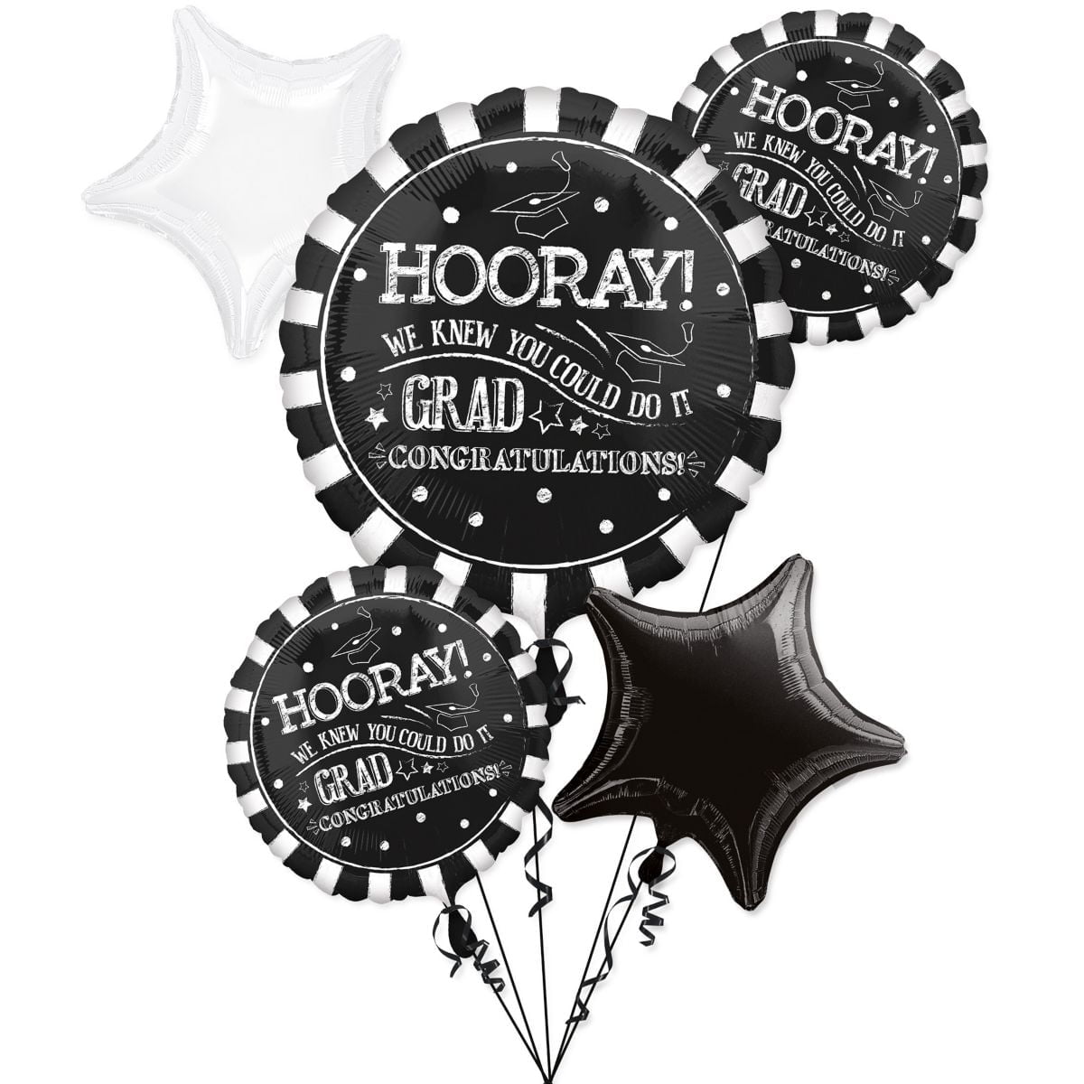 Anagram Hooray Graduation Balloon Bouquet Set (Black and White, 6-Piece Pack) nm4hm