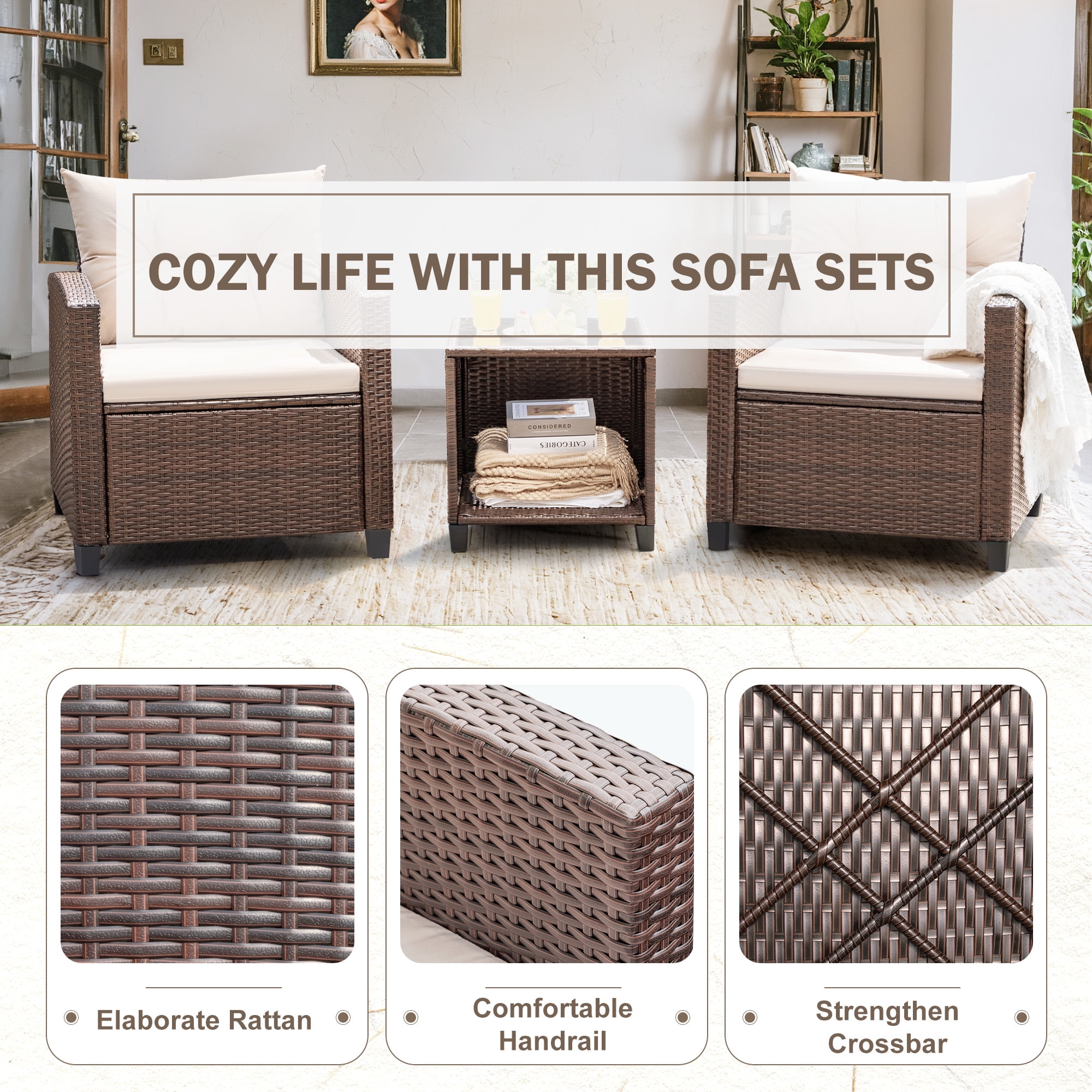 Devoko 3-Piece Patio Bistro Set, Rattan Outdoor Conversation Chair Set with Cushions and Coffee Table (Beige) 76ffr
