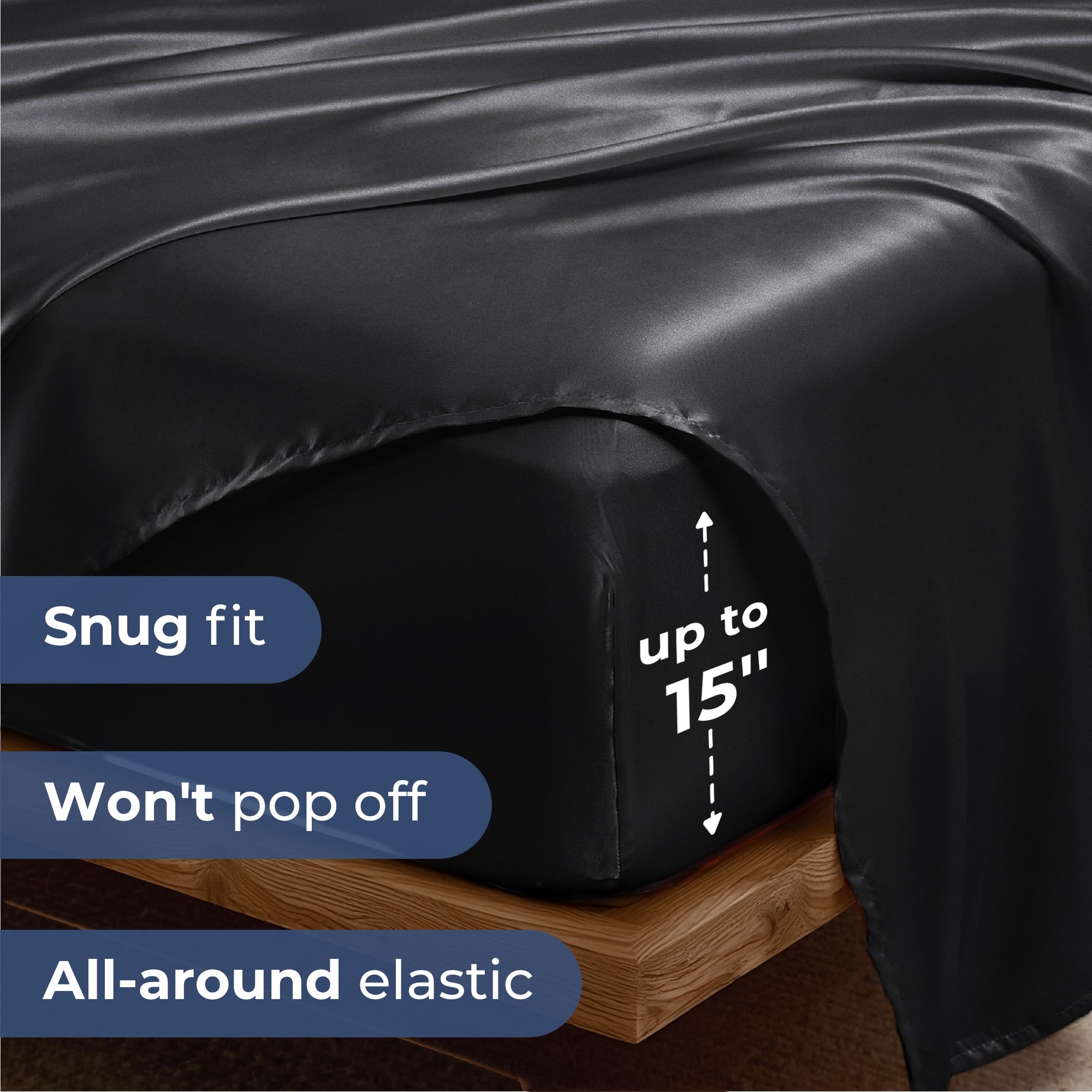 Seasonwood Satin Sheet Set, Silky Bedding Collection, Wrinkle-Resistant & Breathable (Black, Queen, 4-Piece) m18h3