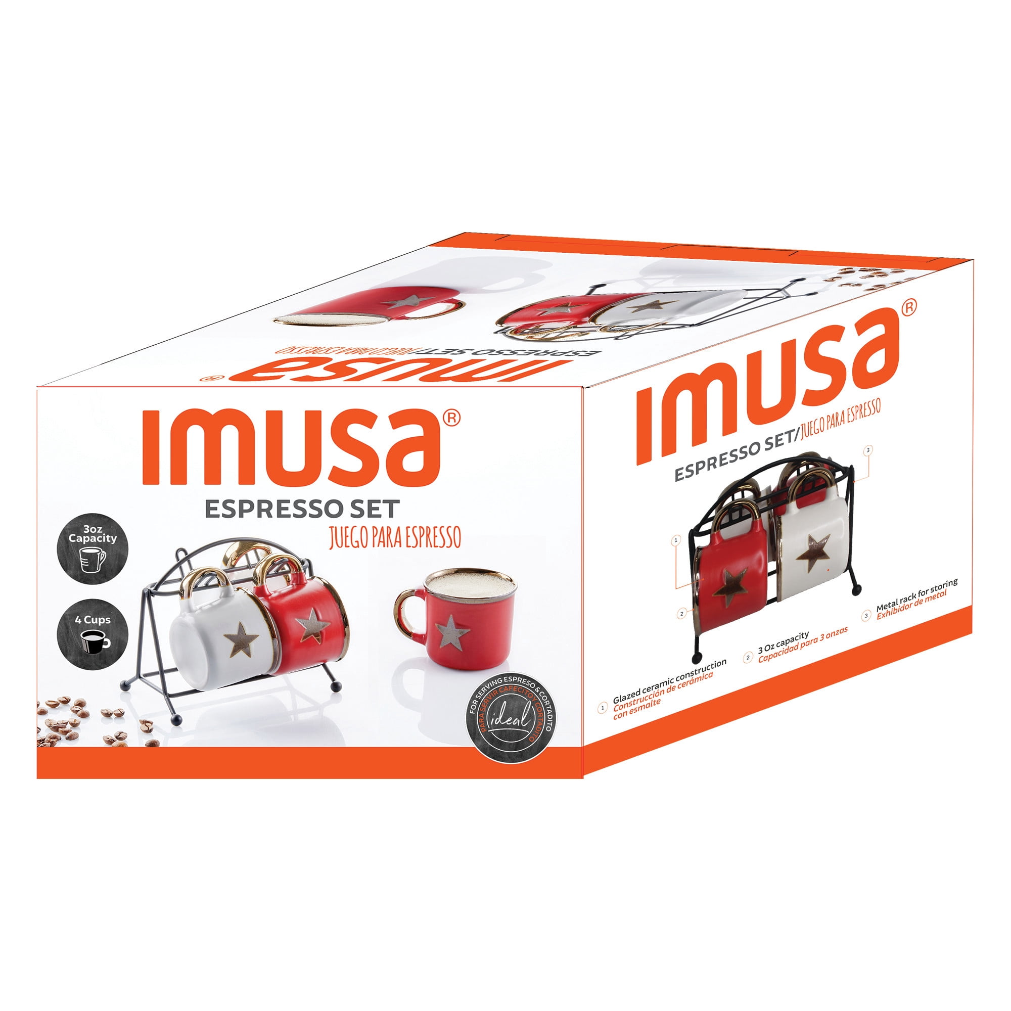 IMUSA Espresso Cup and Saucer Set with Rack (Red and White Star Print, 4 Piece Set) 6ulm6
