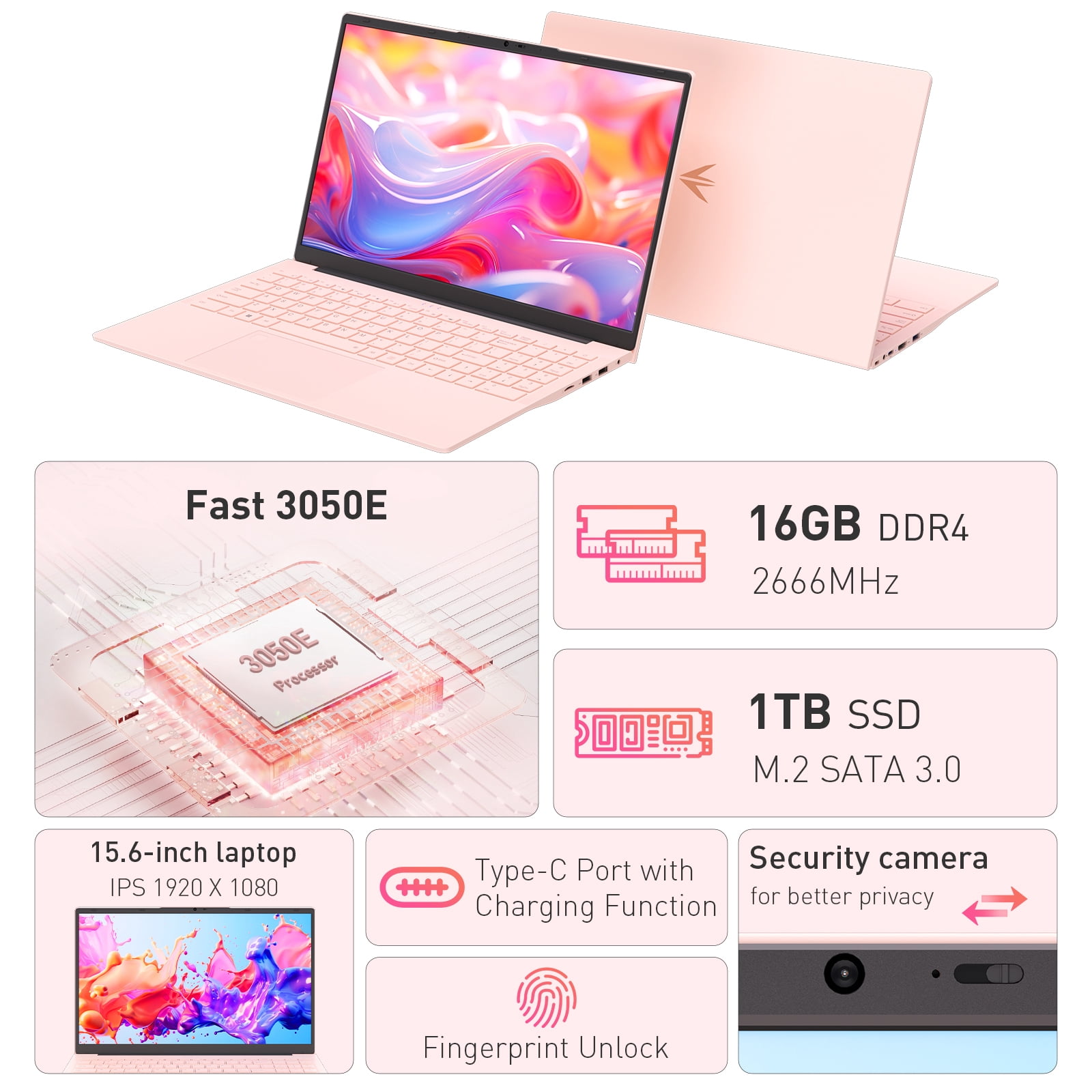 Pryloxen 15.6 in Laptop, Windows 11 Pro, 3050E Processor, 16GB RAM, 1TB SSD, Backlit Keyboard, Fingerprint Unlock (Pink) 4ctqy