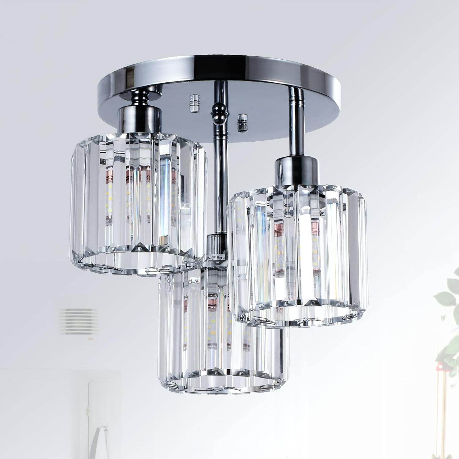 PuppyCheer 3-Light Semi Flush Mount Ceiling Fixture, Modern Crystal Chandelier for Kitchen Hallway Bedroom (Clear, 10.6 in H x 10.2 in W) za8lr