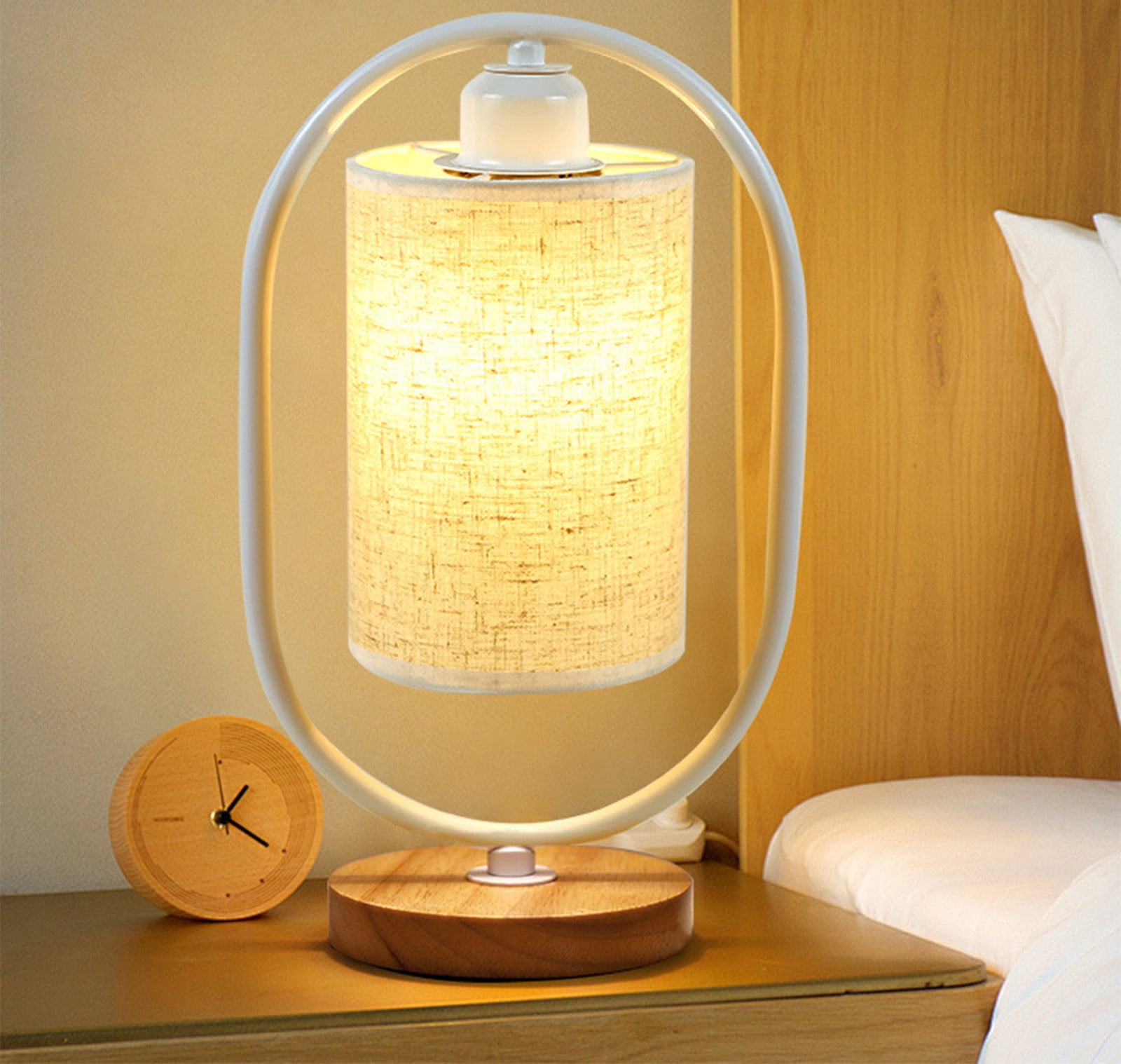 100Fens Table Lamp 3-Way Dimmable Nightstand Light with Flaxen Fabric Shade and Solid Wood Base (LED Bulb Included) no6c7