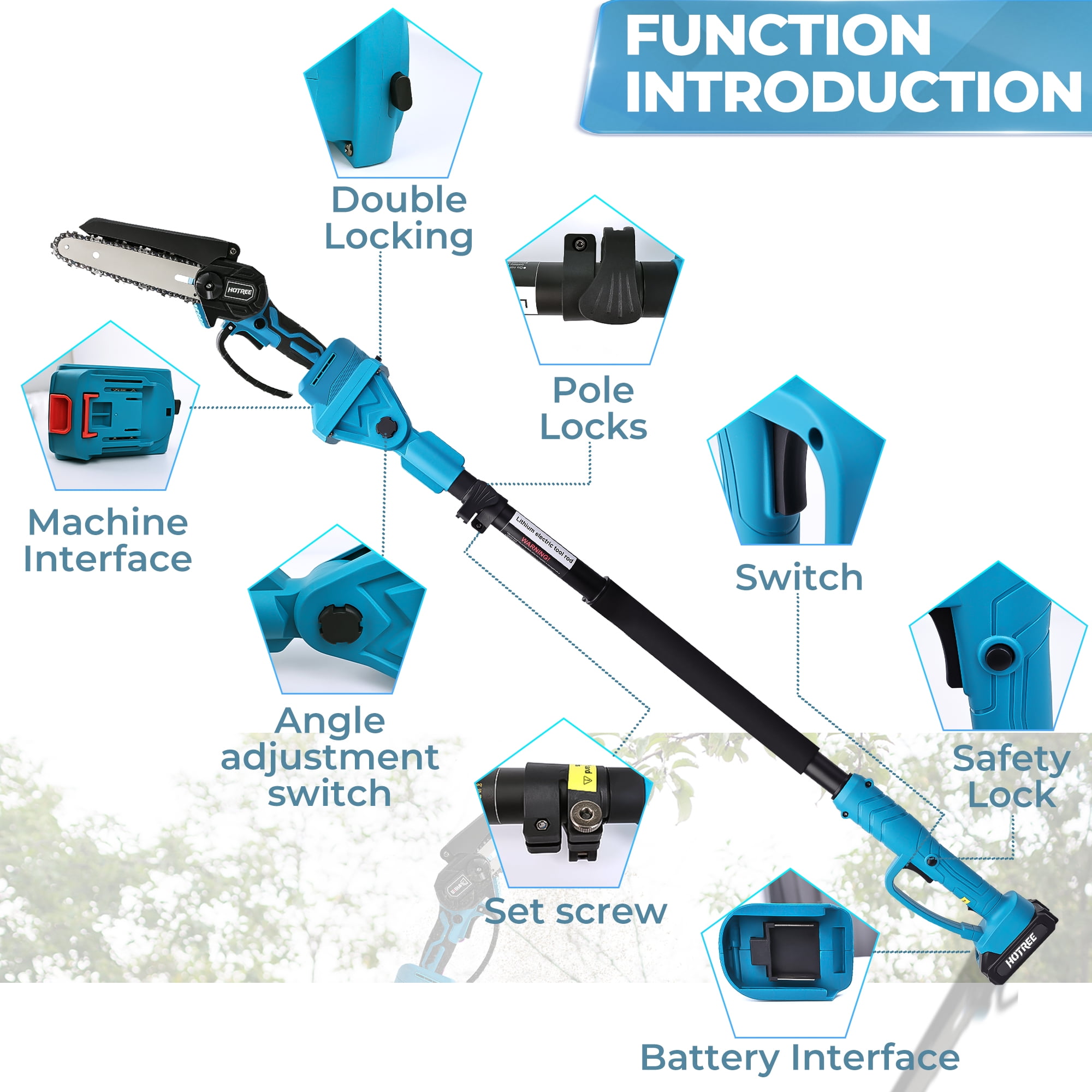 HOTREE 2-in-1 Cordless Pole Saw, 6-inch Mini Chainsaw with Adjustable Extension Pole (Blue, 15 ft Reach) lfu1u