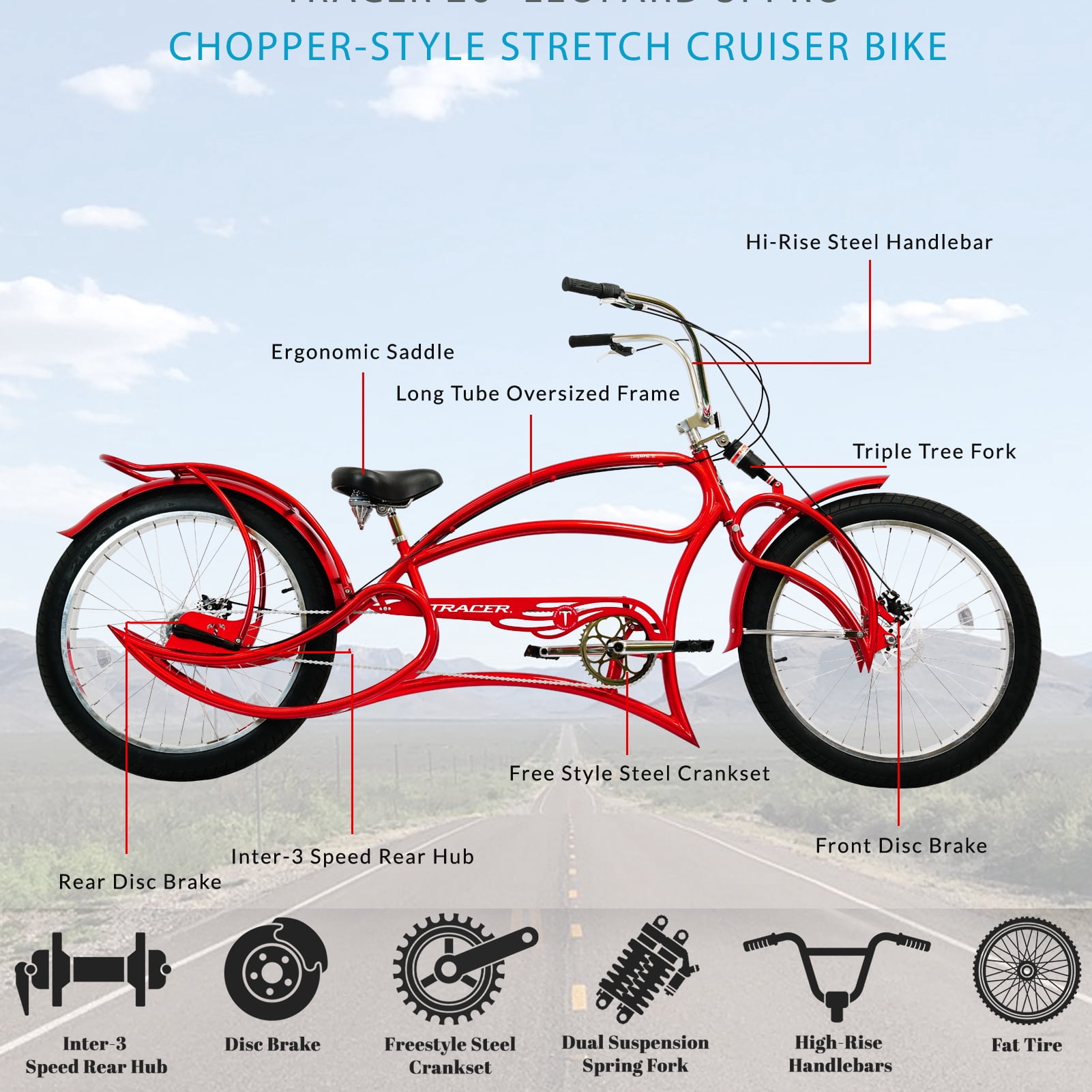Tracer Bikes Leopard 3i Pro Chopper Stretch Cruiser Bike (Red, 26 in) xhln5