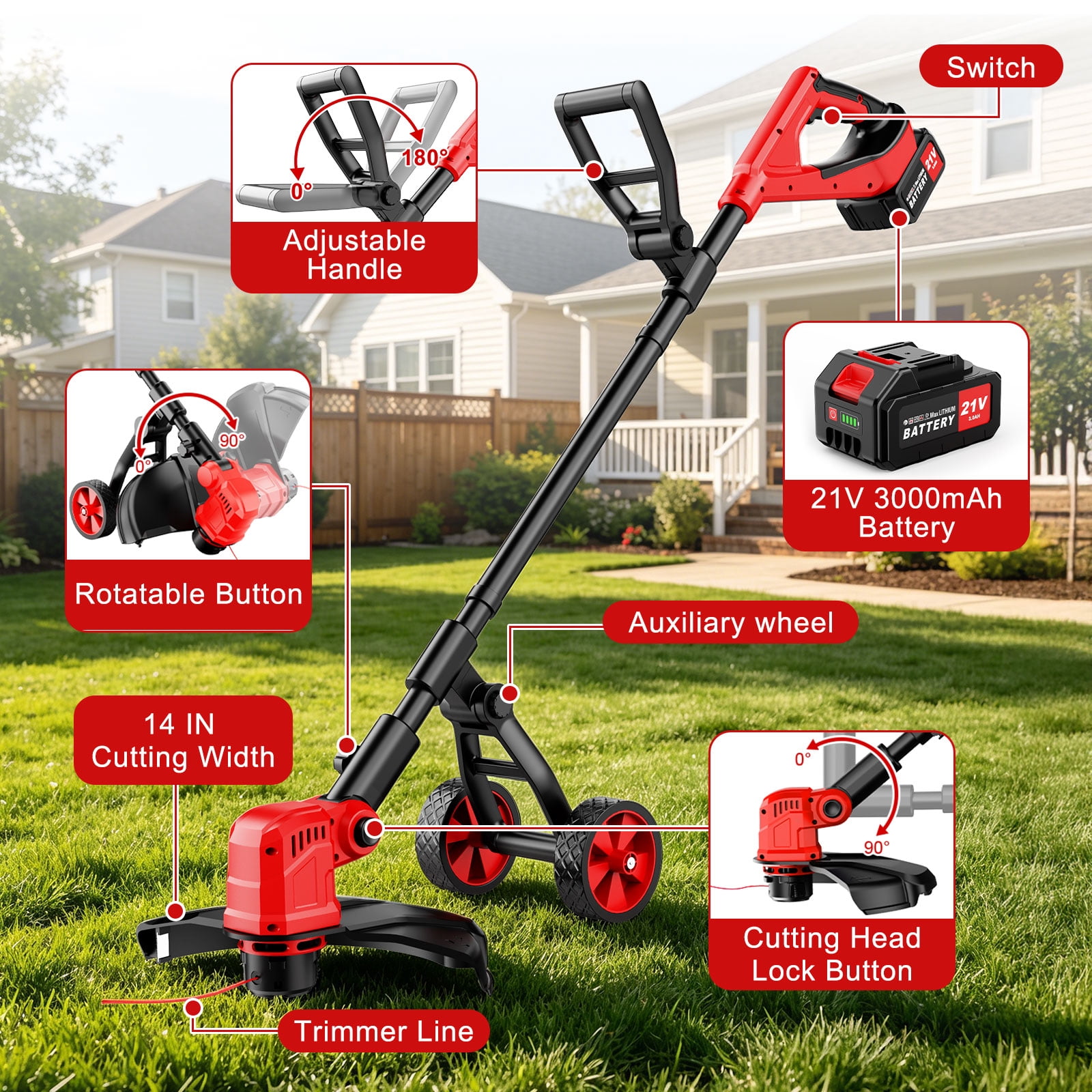 Tanbaby Cordless Weed Eater, Brushless Motor Grass Trimmer with 12-inch Cutting Path, 2 x 3.0Ah Batteries (Red, 12 in) acmsi