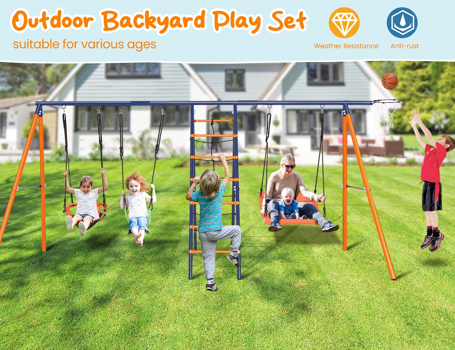 VIBESPARK 6-in-1 Outdoor Metal Swing Set for Backyard with 3 Swings, Climbing Net, Ladder, and Basketball Hoop (Orange, 151.6 in x 71 in x 72.8 in) hwz7i