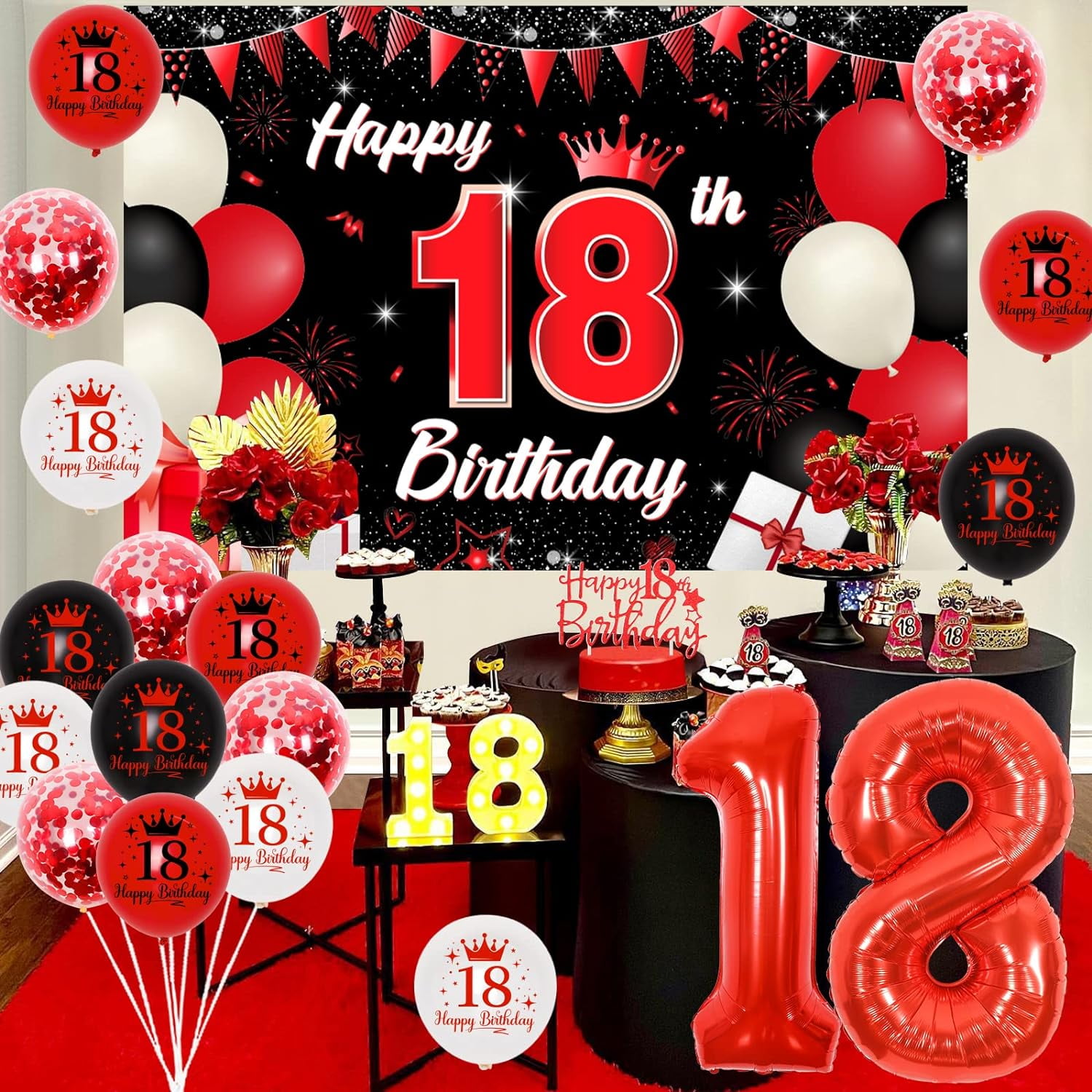 Sursurprise 18th Birthday Party Decoration Set, Red and Black Theme with Backdrop, Cake Topper, and Balloons (1 Set) jg0lh