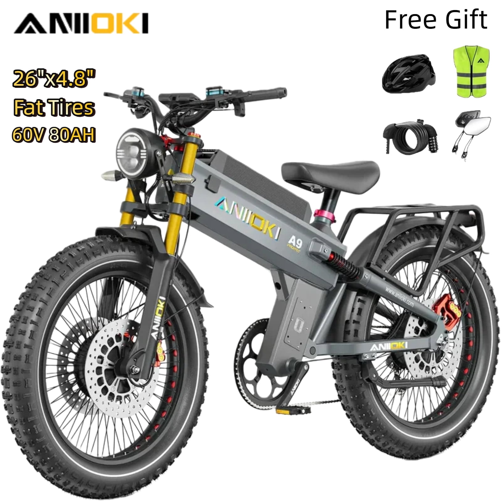 Aniioki A9 Pro Max Electric Off-Road Bike, Dual Motor 6000W E-Bike, Full Suspension, 60V 80Ah Battery (Grey, 26 in x 4.8 in) k7mdy