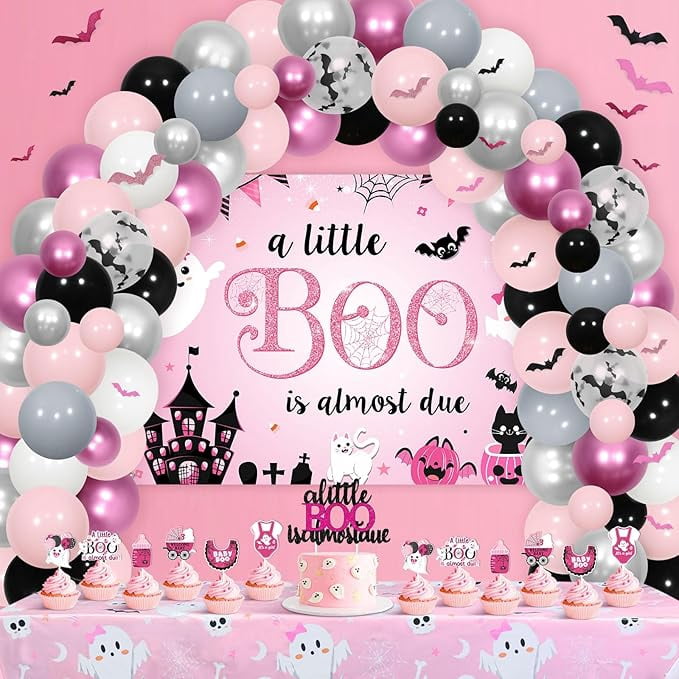 Generic Halloween Baby Shower Decoration Set, A Little Boo Is Almost Due Party Supplies with Balloons and Backdrop (Pink, 115 Piece Set) hzk1g