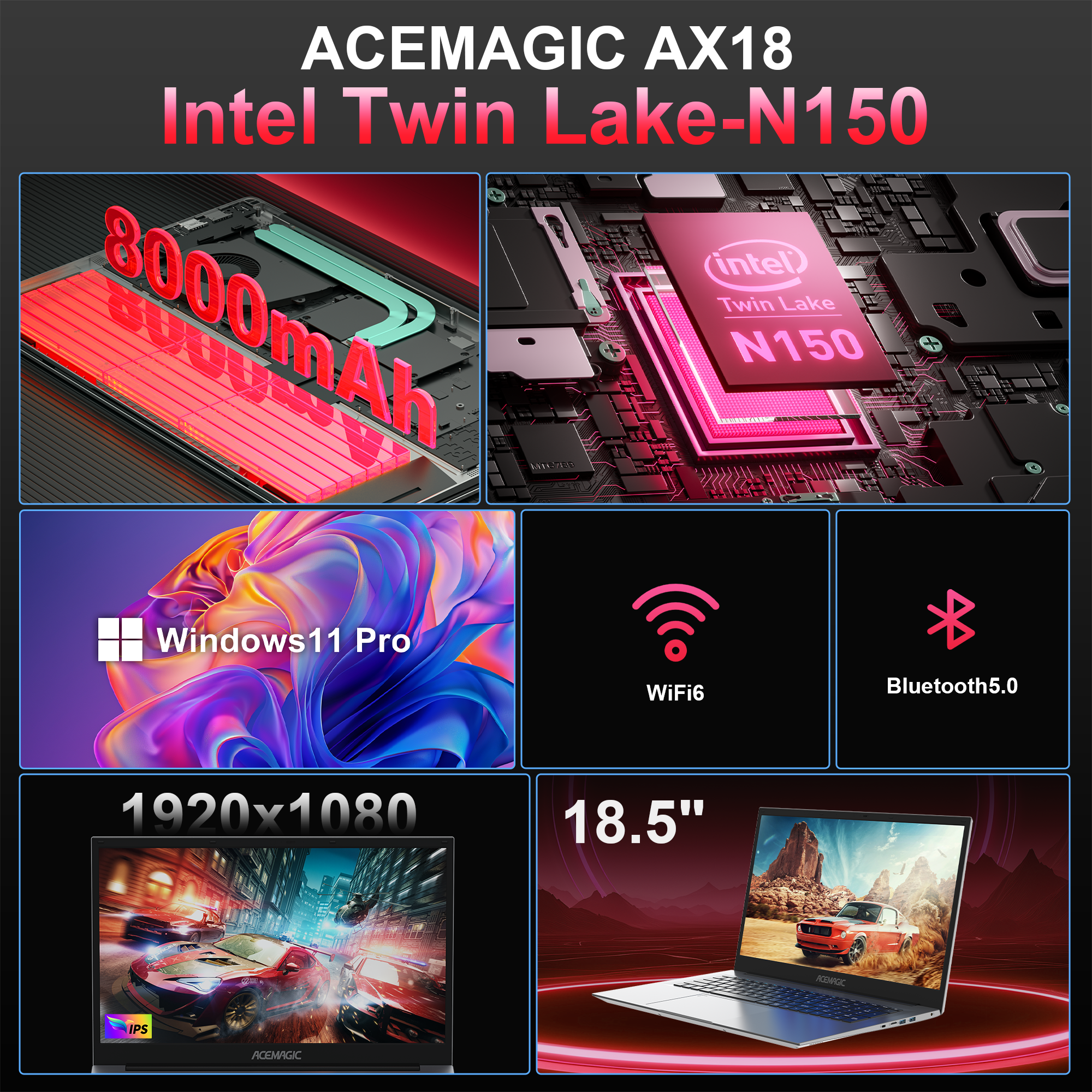 NIPOGI AX18 Laptop 18.5 in FHD Display Intel N150 16GB RAM 512GB SSD Windows 11 Pro v85in