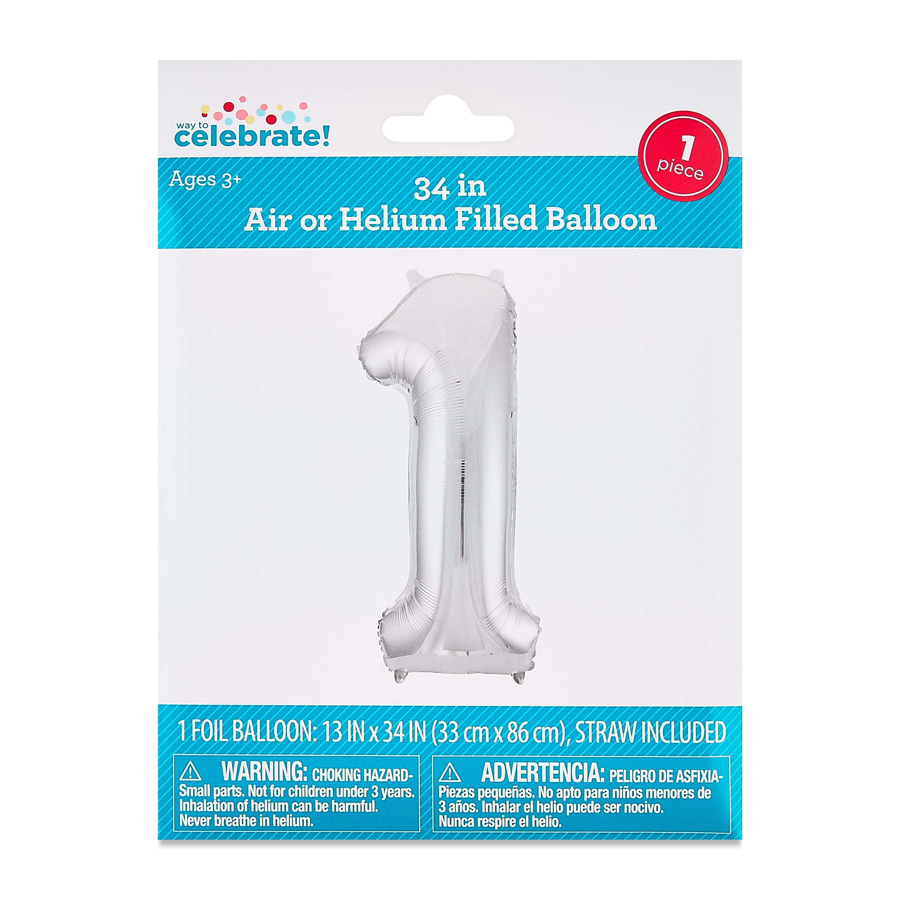 Way To Celebrate Number 1 Foil Balloon Party Decoration (Silver, 34 in) hhm6o