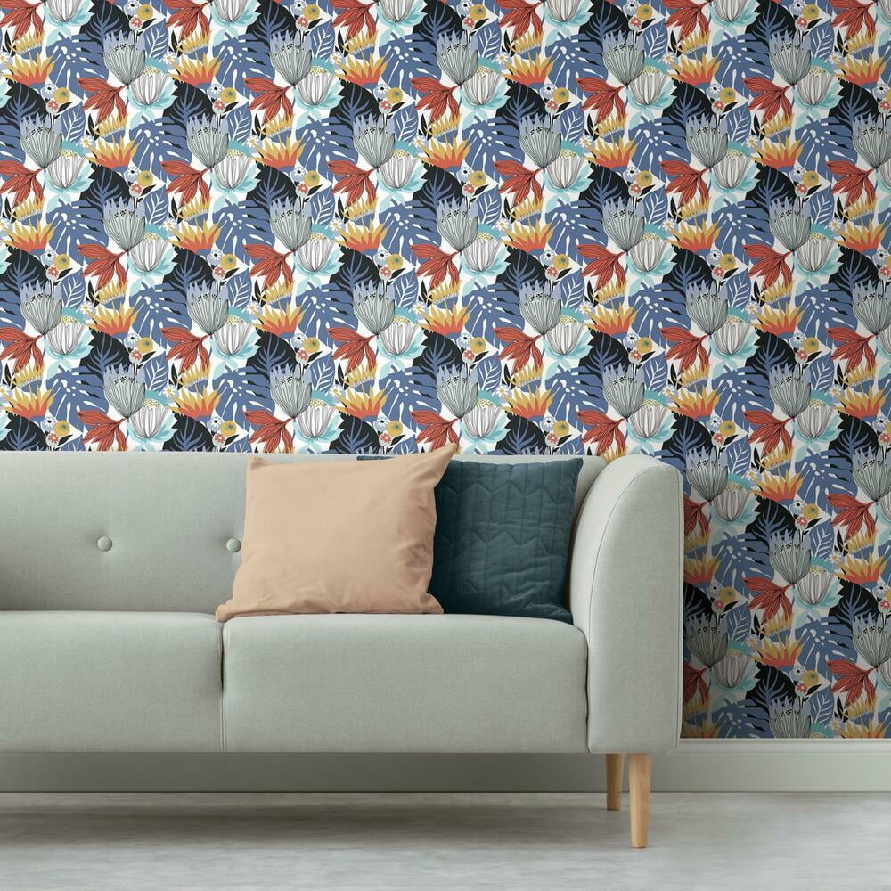 RoomMates Retro Tropical Leaves Peel and Stick Wallpaper (Pink, 20.5 in x 16.5 ft) jncuq