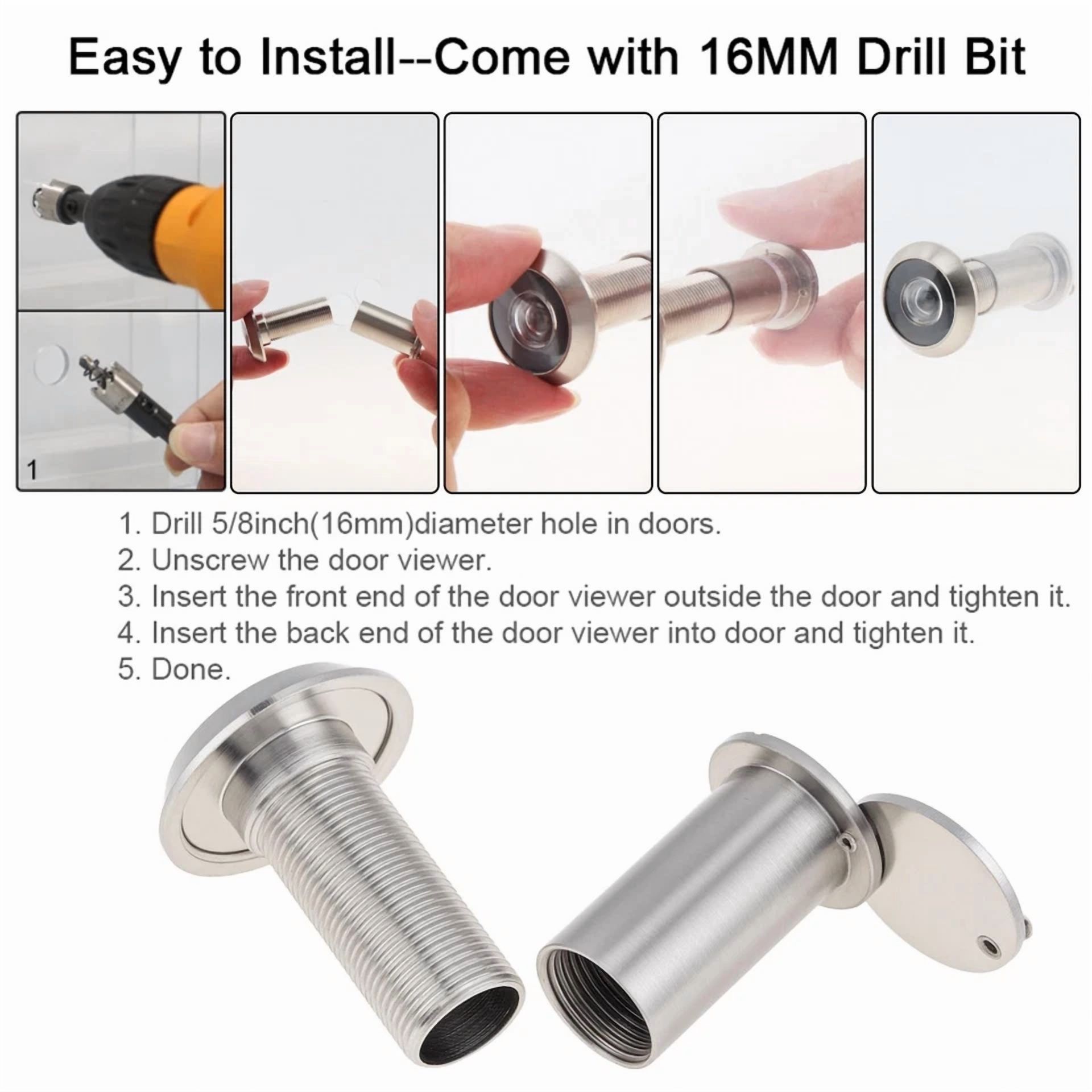 KLYNE 200-Degree Door Viewer and 6mm Drill Bit Set (HD Optical Glass Lens, 1.38 in - 2.56 in Door Thickness) 3069f