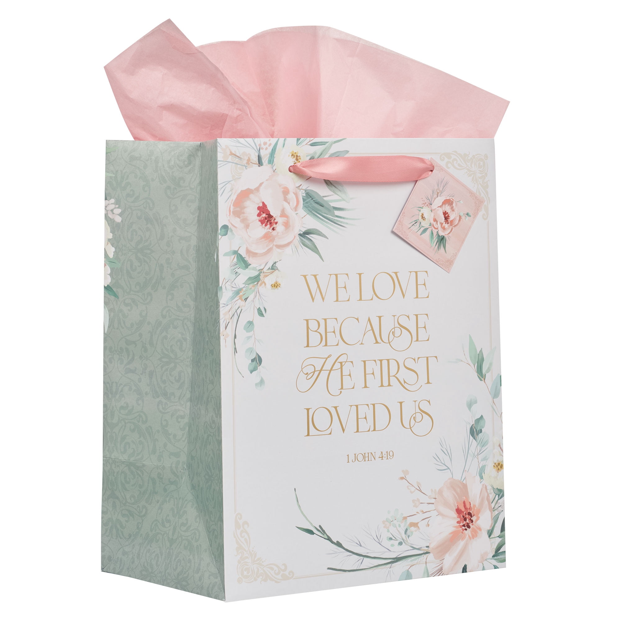 Christian Art Gifts Large Inspirational Scripture Gift Bag Set with Tissue Paper and Tag (White and Pink Floral, 13 in x 10 in x 7 in) 1ou6i