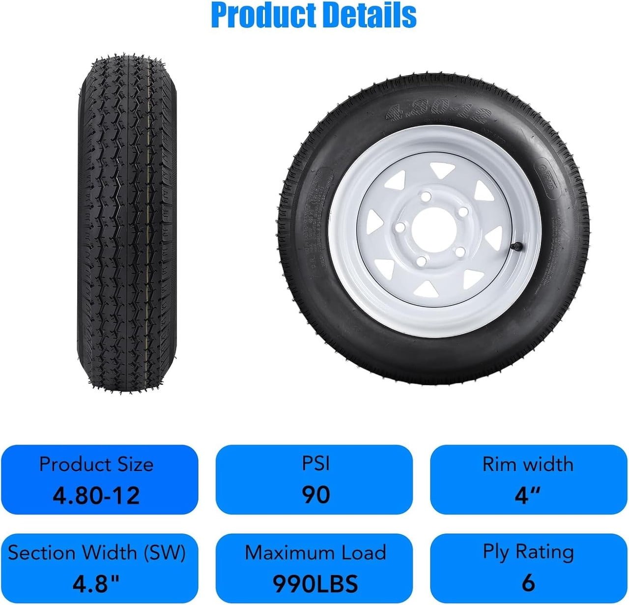Tropow 2-Pack Trailer Tire & Wheel Assembly (4.80-12, 5-Lug 4.5 in Bolt Pattern, Load Range C, 12 in Rim) nr8p2
