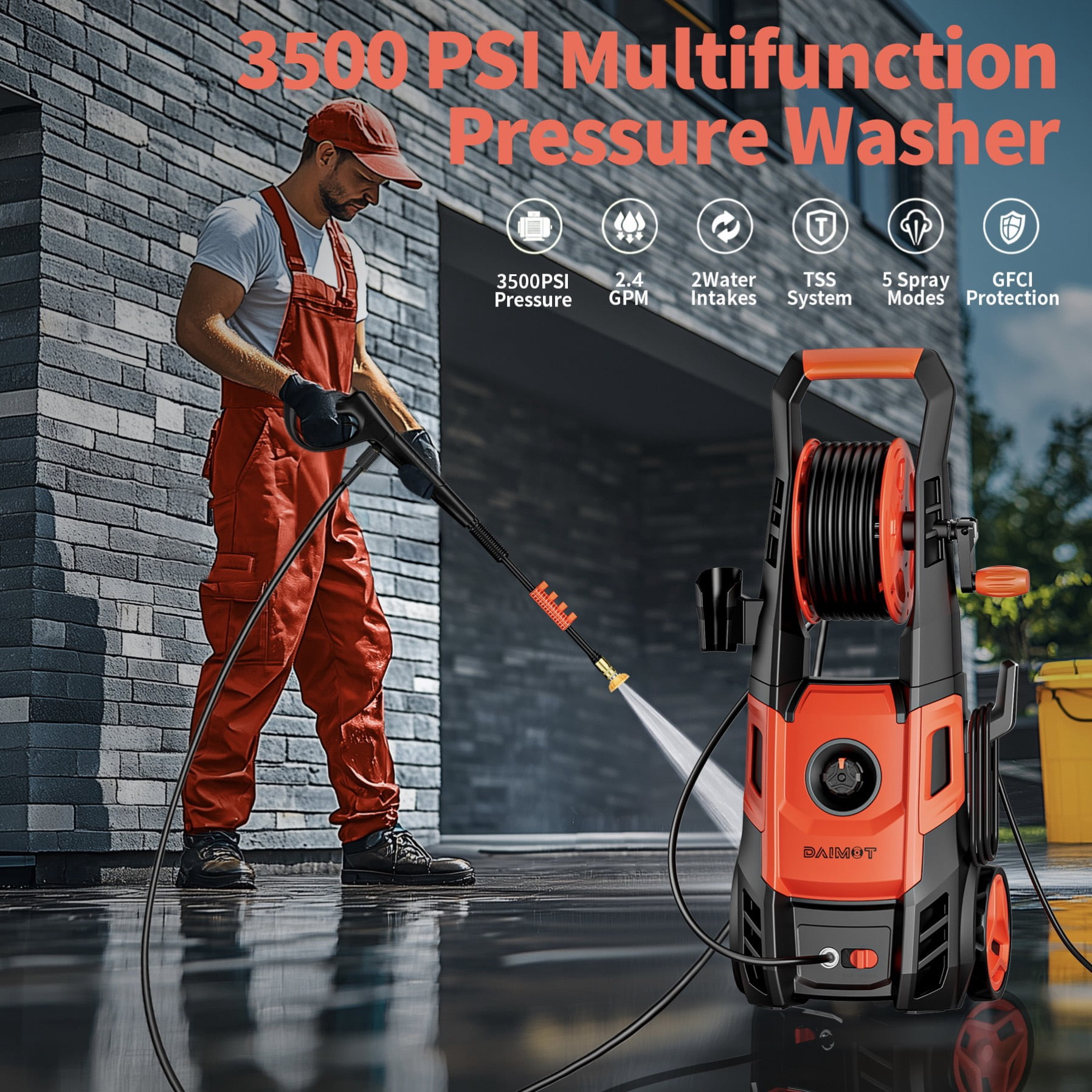 DAIMOT Electric Pressure Washer (3500 PSI, 2.4 GPM) High-Pressure Power Washer with Foam Cannon and 4 Nozzle Tips for Home, Car, and Driveway Cleaning ehduk