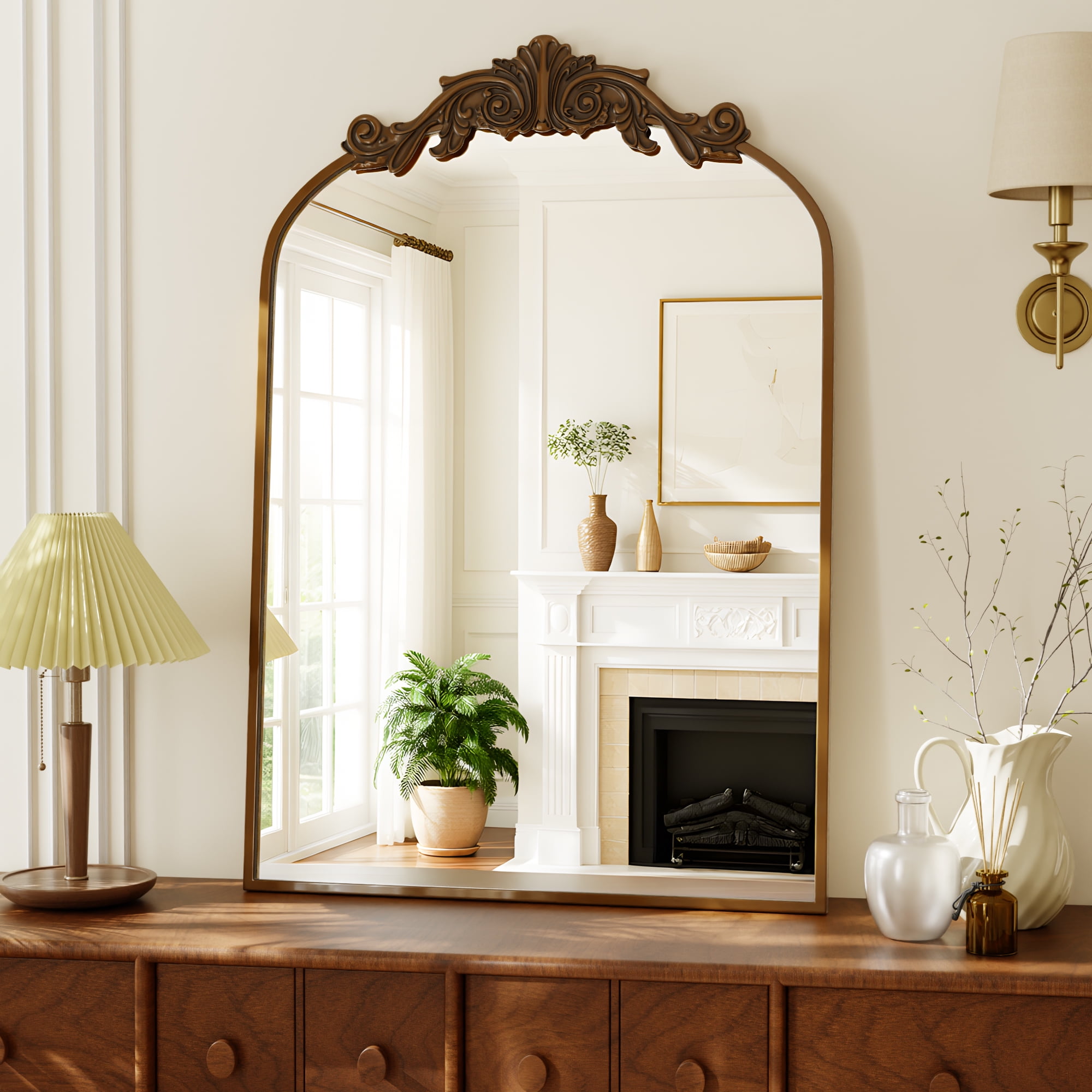 BEAUTYPEAK Arched Wall Mirror Vintage Metal Bathroom Vanity Mirror (Bronze, 24 in x 38 in) bmu2a