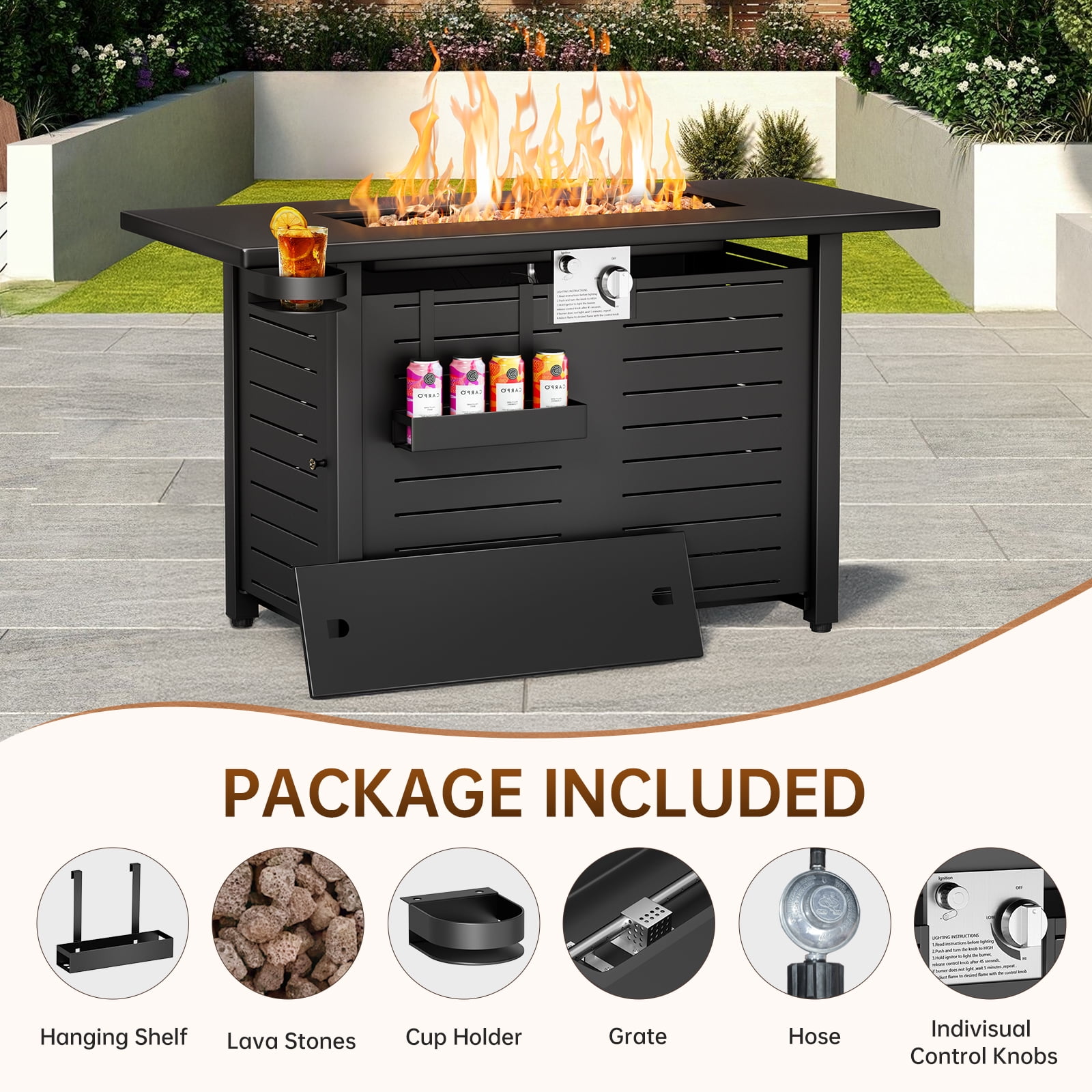 KingChii 45 in Propane Fire Pit Table with Lid and Lava Stone, 60,000 BTU Steel Gas Fire Pit for Outdoor Patio (Black, 45 in) dbp4b
