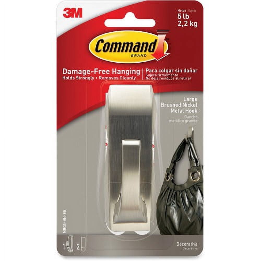 Command Large Modern Reflections Hook, Heavy-Duty Adhesive Wall Hanger (Brushed Nickel, 10-Pack, 5 lb Capacity) pn83x