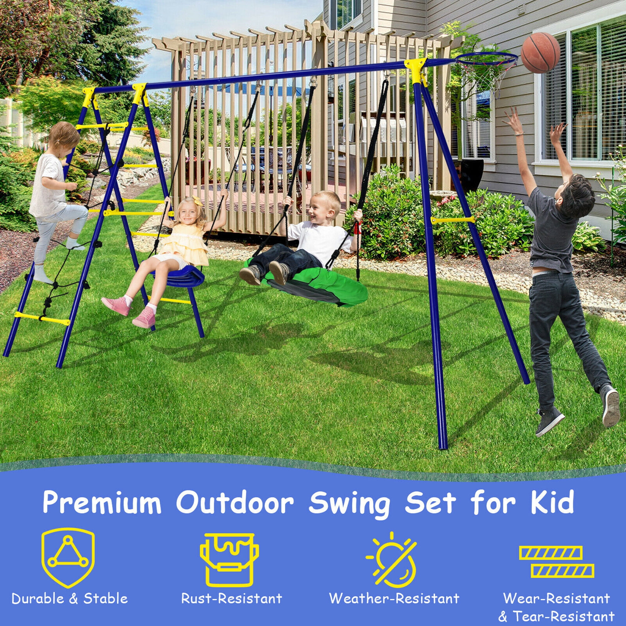 Gymax 5-in-1 Kids Outdoor Swing Set with Basketball Hoop and Climbing Ladder (Blue) y2tza