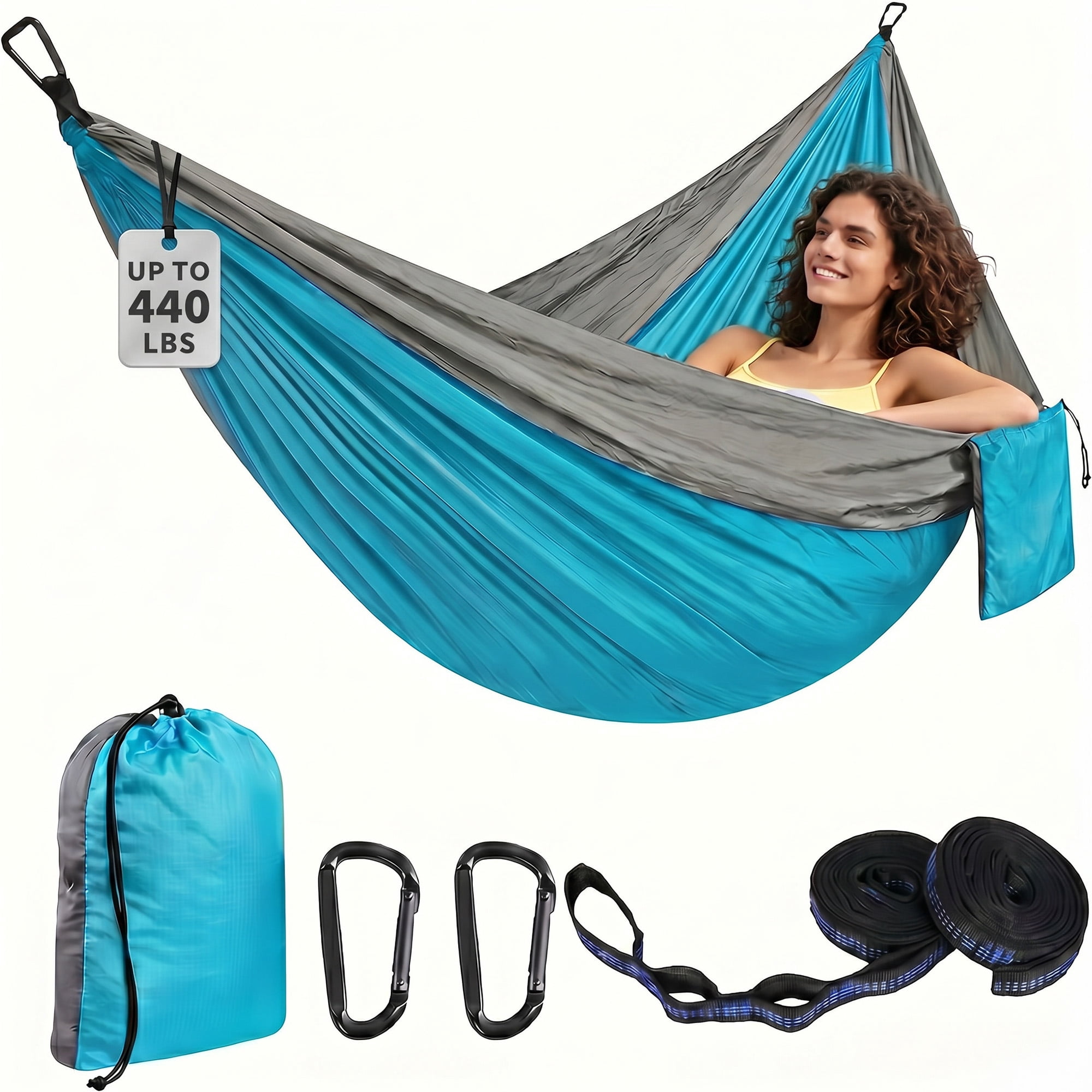 KOYMISKU Camping Hammock, Lightweight Portable Parachute Nylon Hammock with Tree Straps (Blue, 106.3 in x 55.1 in) tjo68