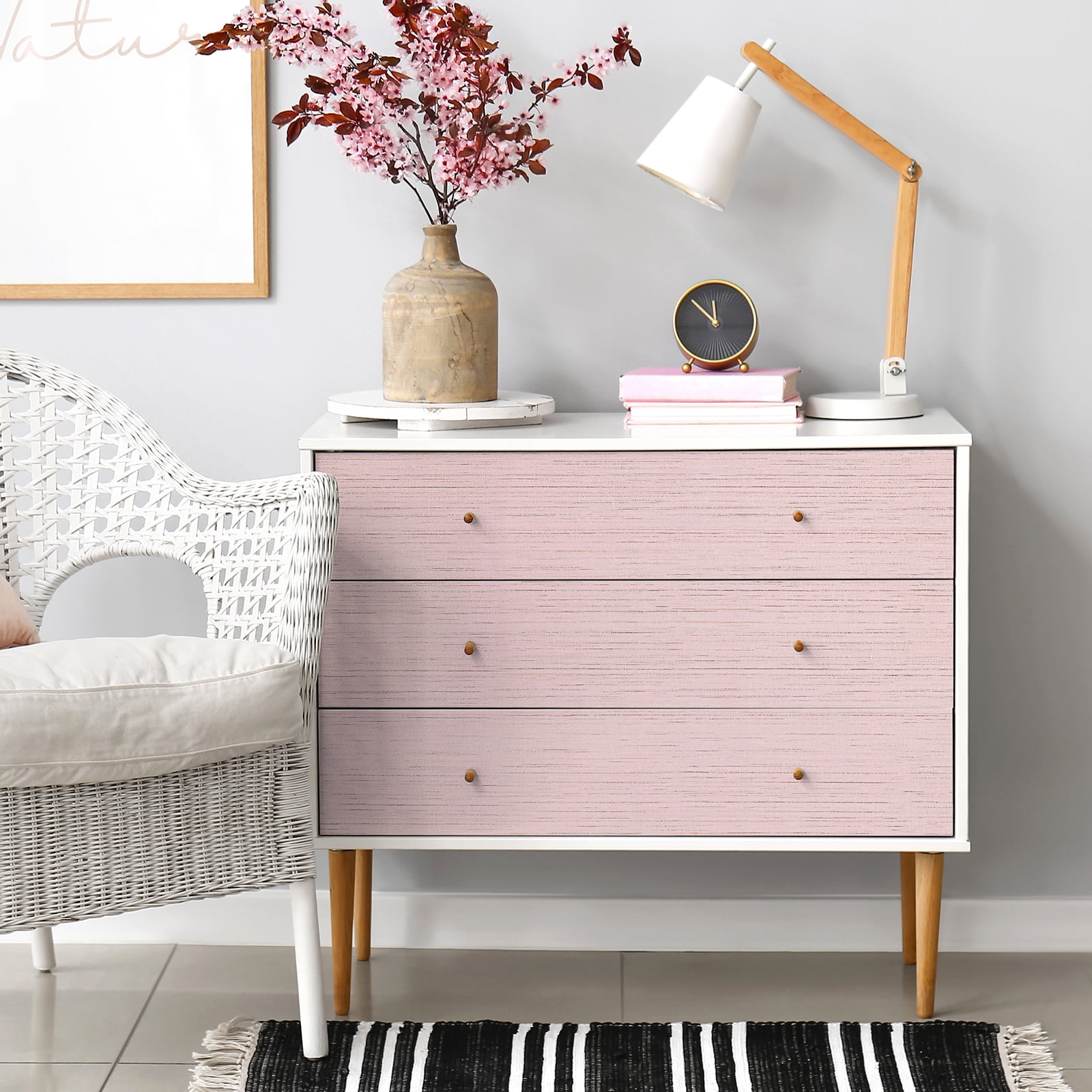 CHIHUT Peel and Stick Grasscloth Wallpaper, Textured Vinyl Self-Adhesive Wall Covering for Bedroom (Light Pink, 17.7 in x 100 in) lg4x3