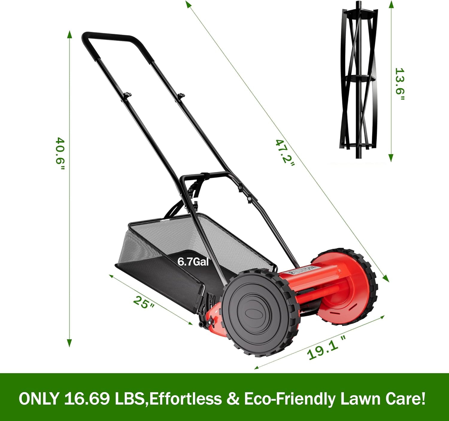 Juiluna 14 Inch Push Reel Lawn Mower, Manual Walk-Behind Mower with Grass Catcher, 5 Steel Blades, Adjustable Cutting Height (14 in) mu00r