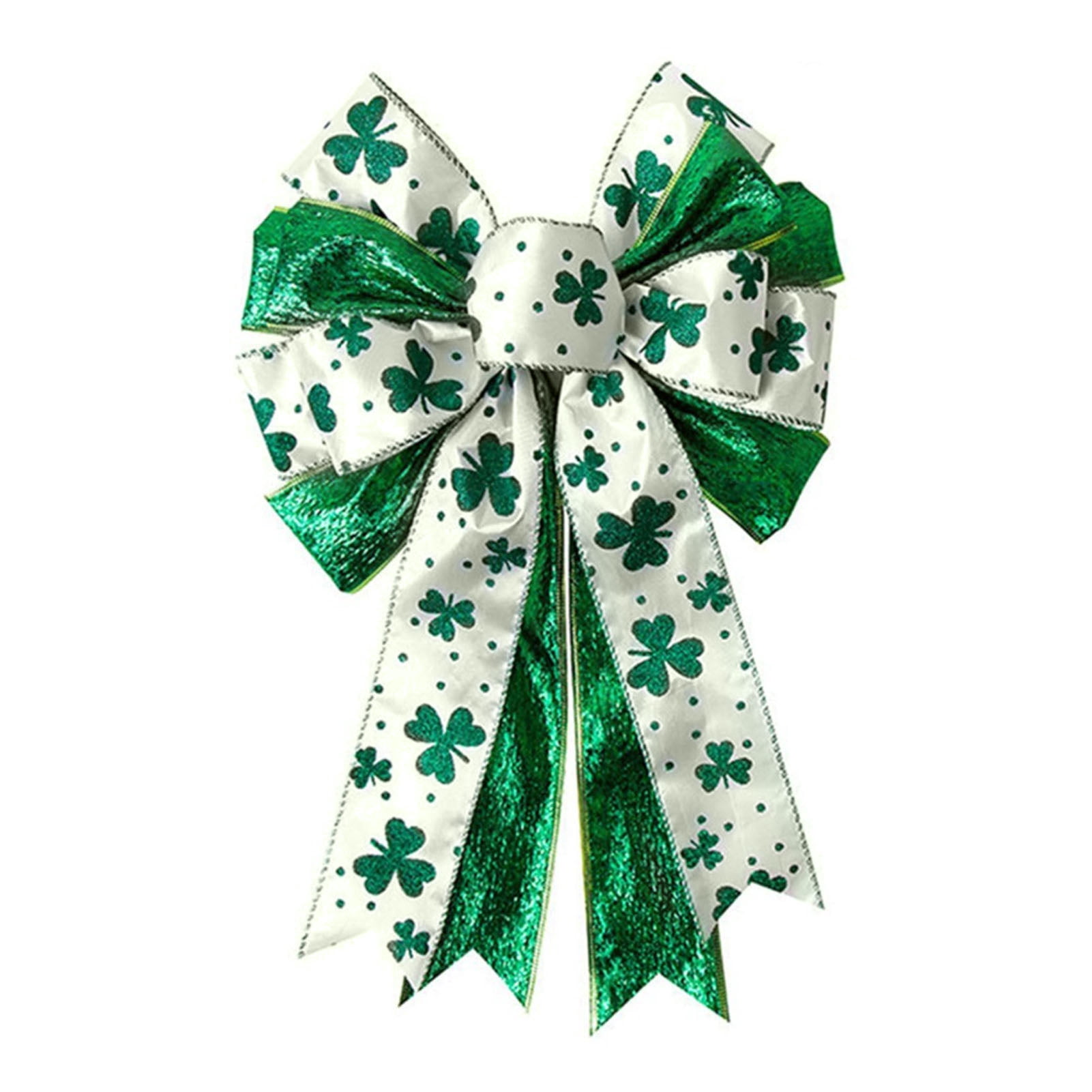 Dserhfy St. Patrick's Day Shamrock Bow Large Glitter Ribbon Decor for Wreath and Tree Topper (White and Green, 17.8 in x 11.5 in) tldru