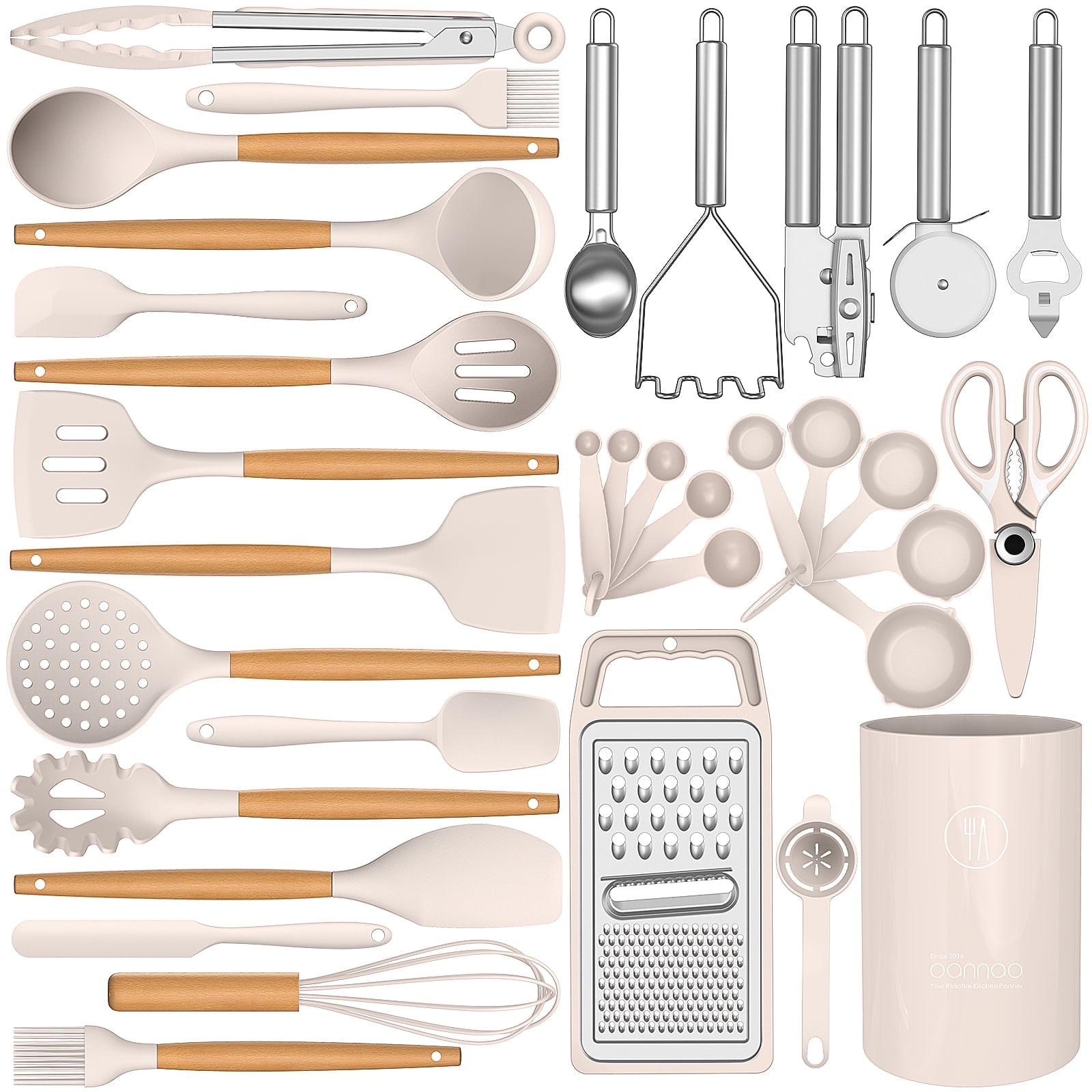 oannao 35-Piece Silicone Cooking Utensil Set, Heat-Resistant Kitchen Spatula Tools with Wooden Handles and Storage Holder (Khaki, 35-Piece) 3gcx6