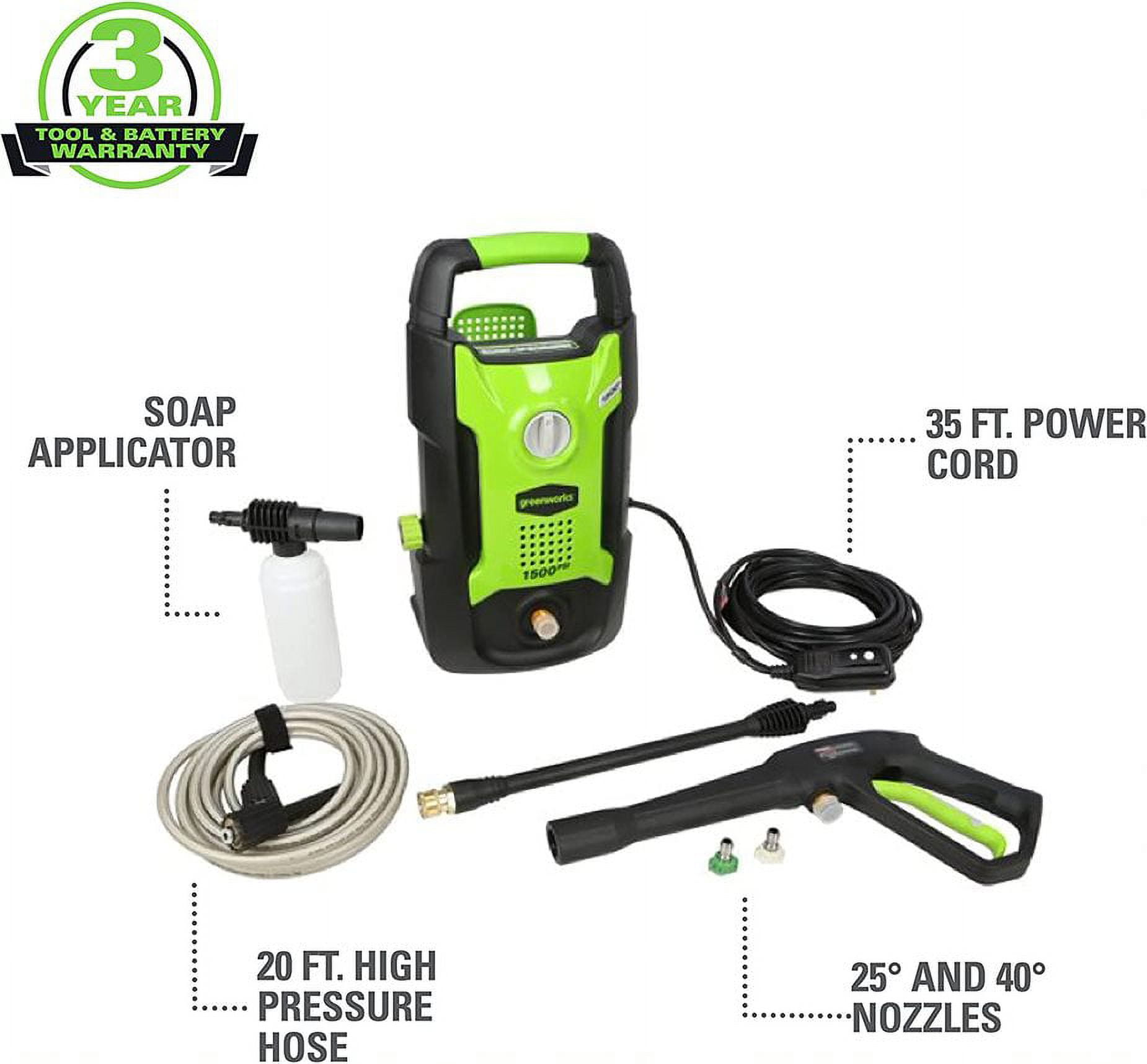 Greenworks 1600 PSI Electric Pressure Washer with Soap Applicator and 20 ft Hose (1.2 GPM) aa8pp