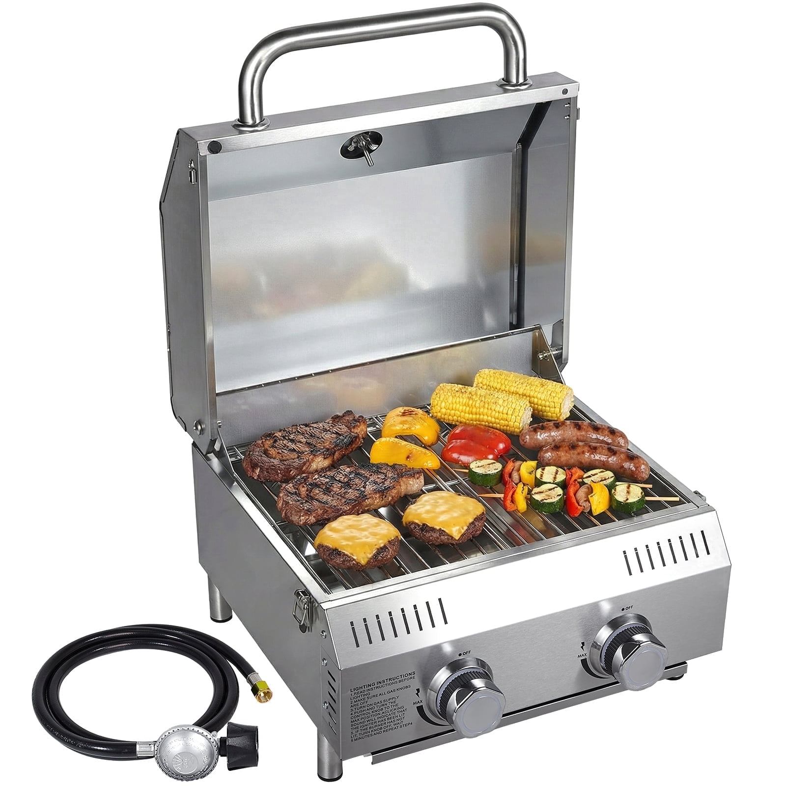 SIXDAYSOX 2-Burner Tabletop Gas Grill, 20,000 BTU Portable Propane Grill with Stainless Steel Grates (22 in x 20 in x 13 in) 3dhsy