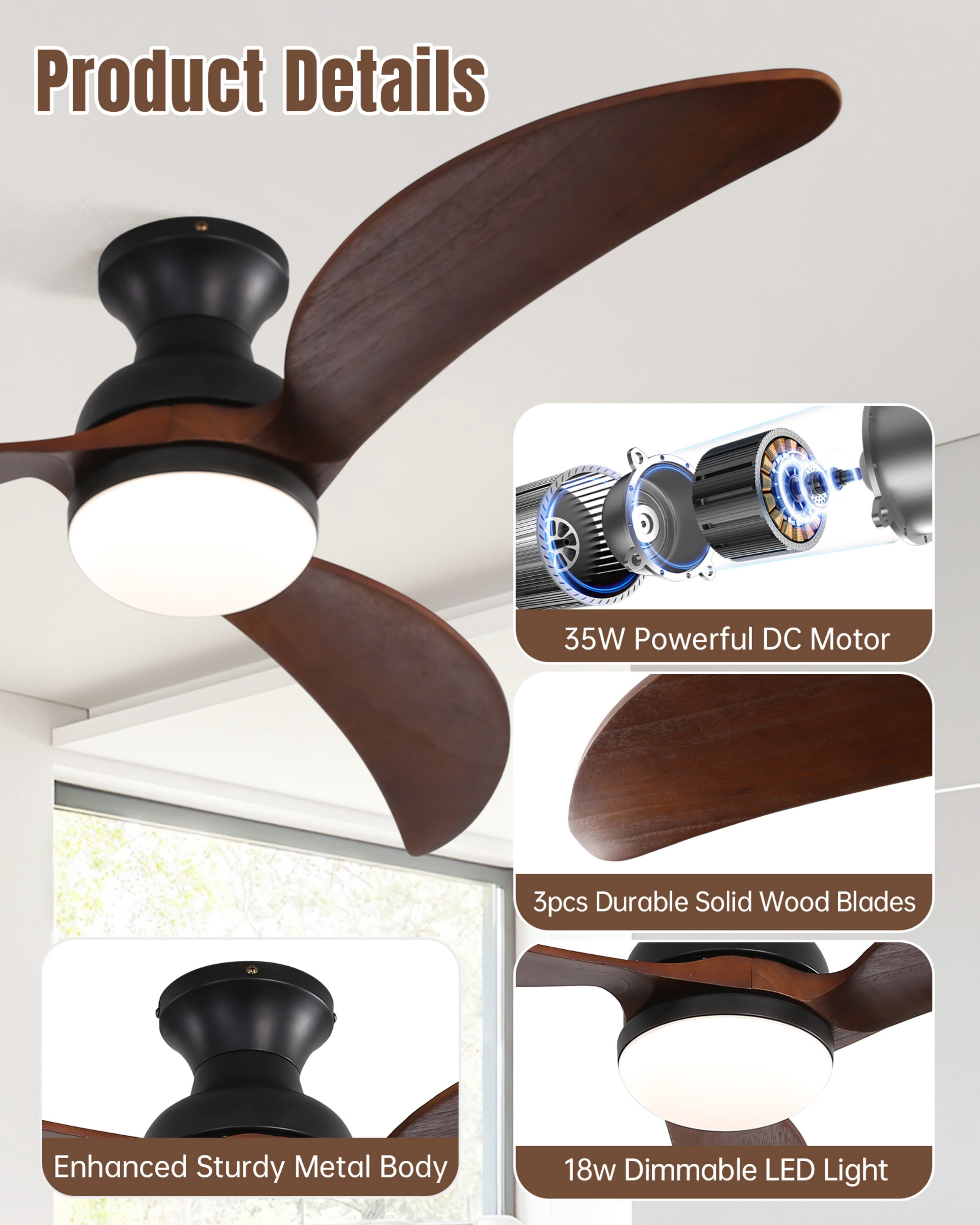 Sofucor 52 in Flush Mount Ceiling Fan with LED Lights and Remote Control (Modern, 52 in) w8an4