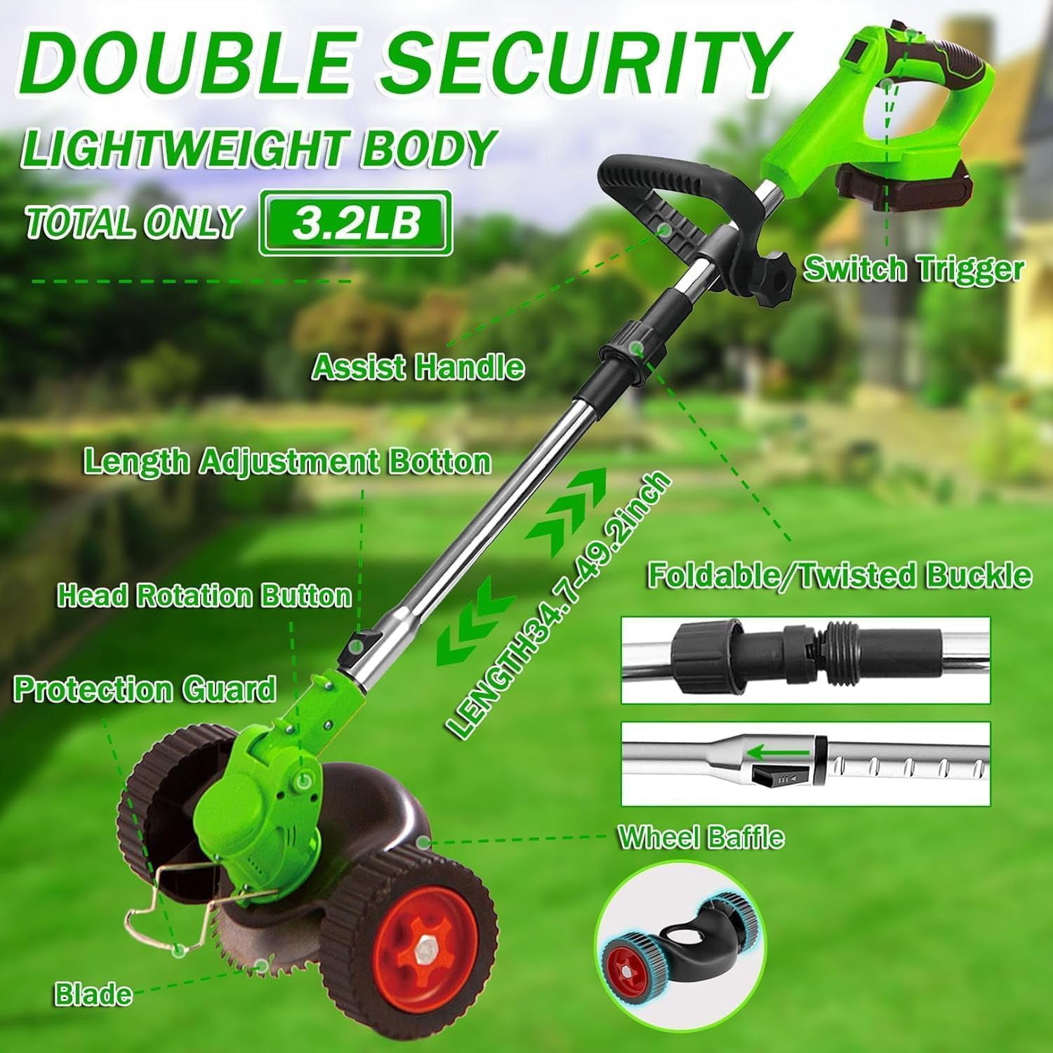 LEXKUYI Electric Cordless Weed Wacker, 48V Battery Powered Grass Trimmer with 2 Batteries & 3 Cutting Blades (Green, 47.2 in) r71wm