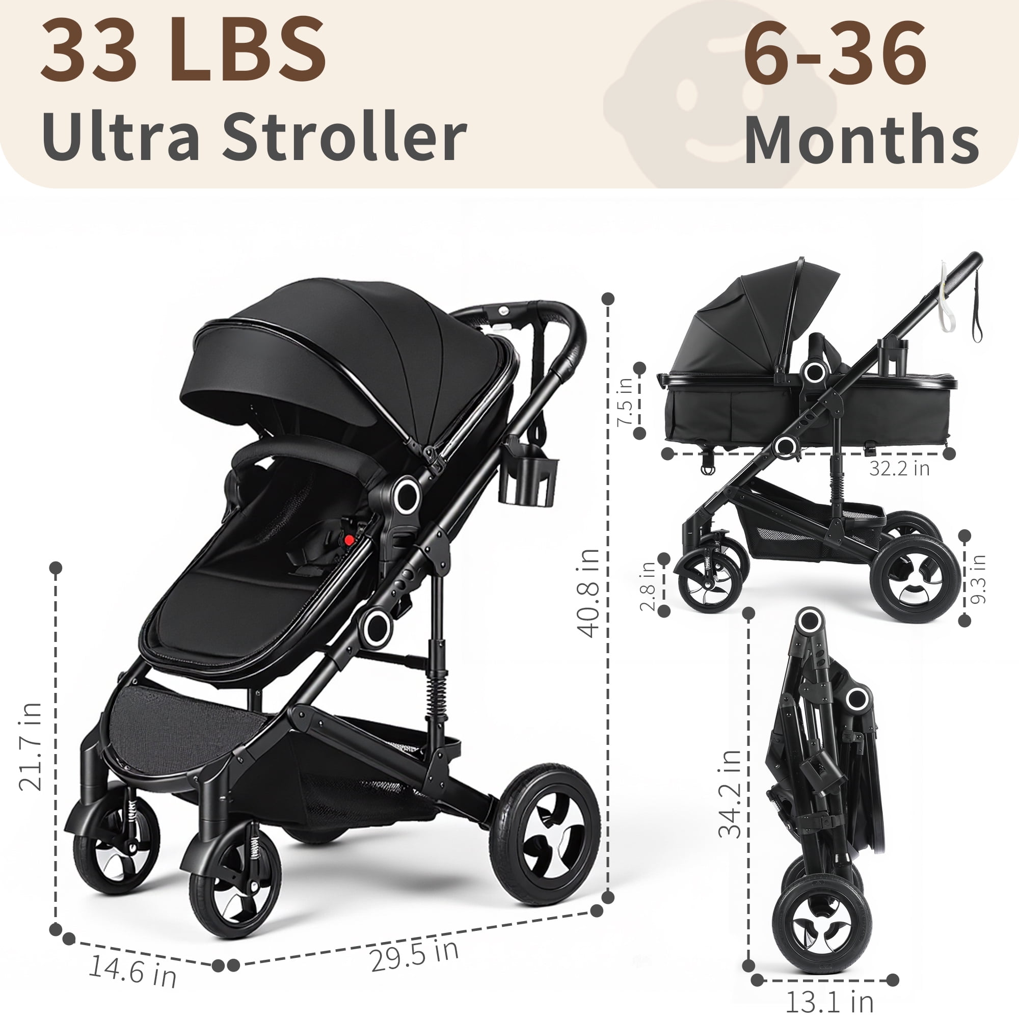 AILEEKISS 3-in-1 Convertible Baby Stroller, Reversible Seat with Adjustable Canopy (Black, 24 lb) z5il0