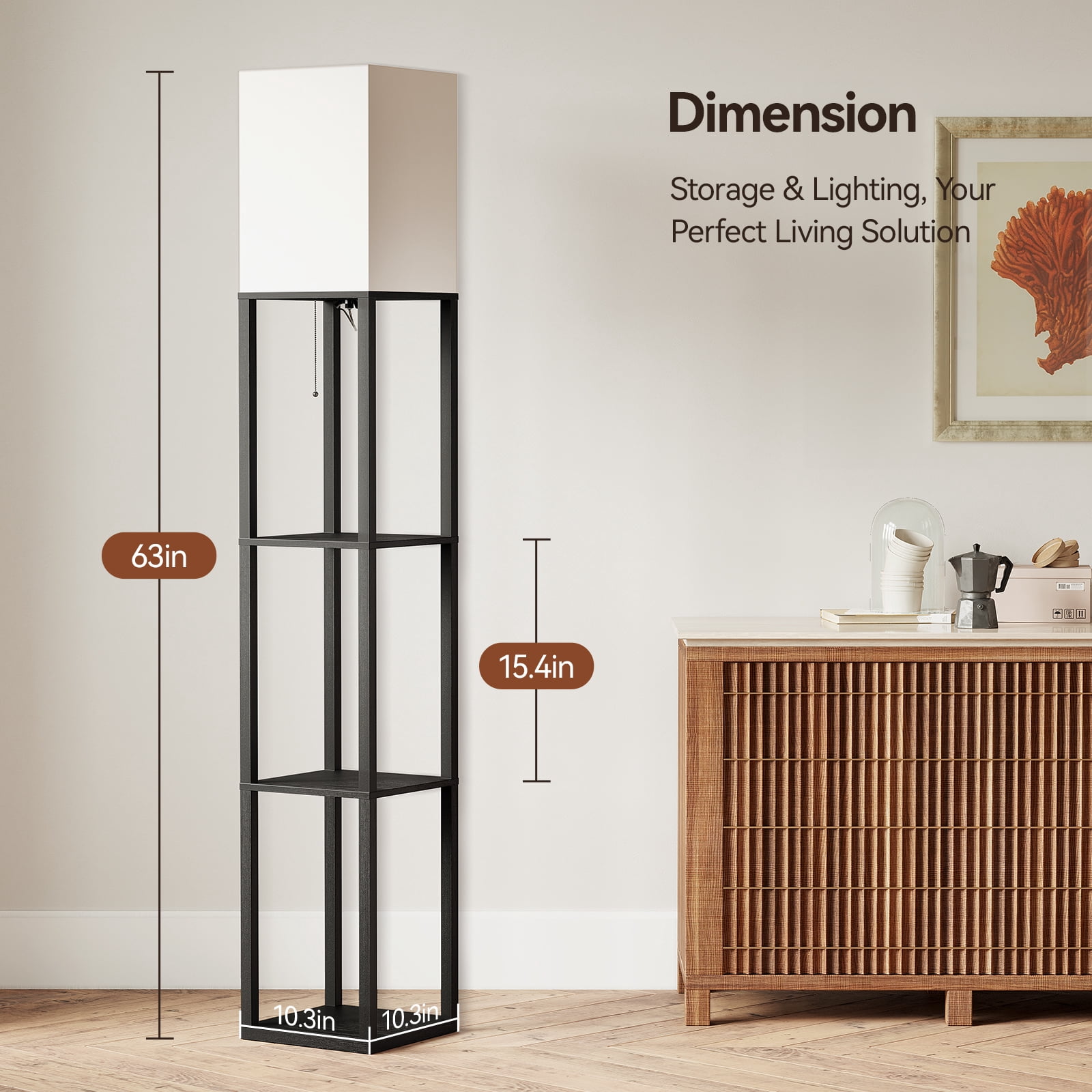 SUNMORY Floor Lamp with Shelves, Standing Lamp for Living Room and Bedroom, Modern Storage Shelf Lamp with LED Bulb (Black, 63 in) uk1io