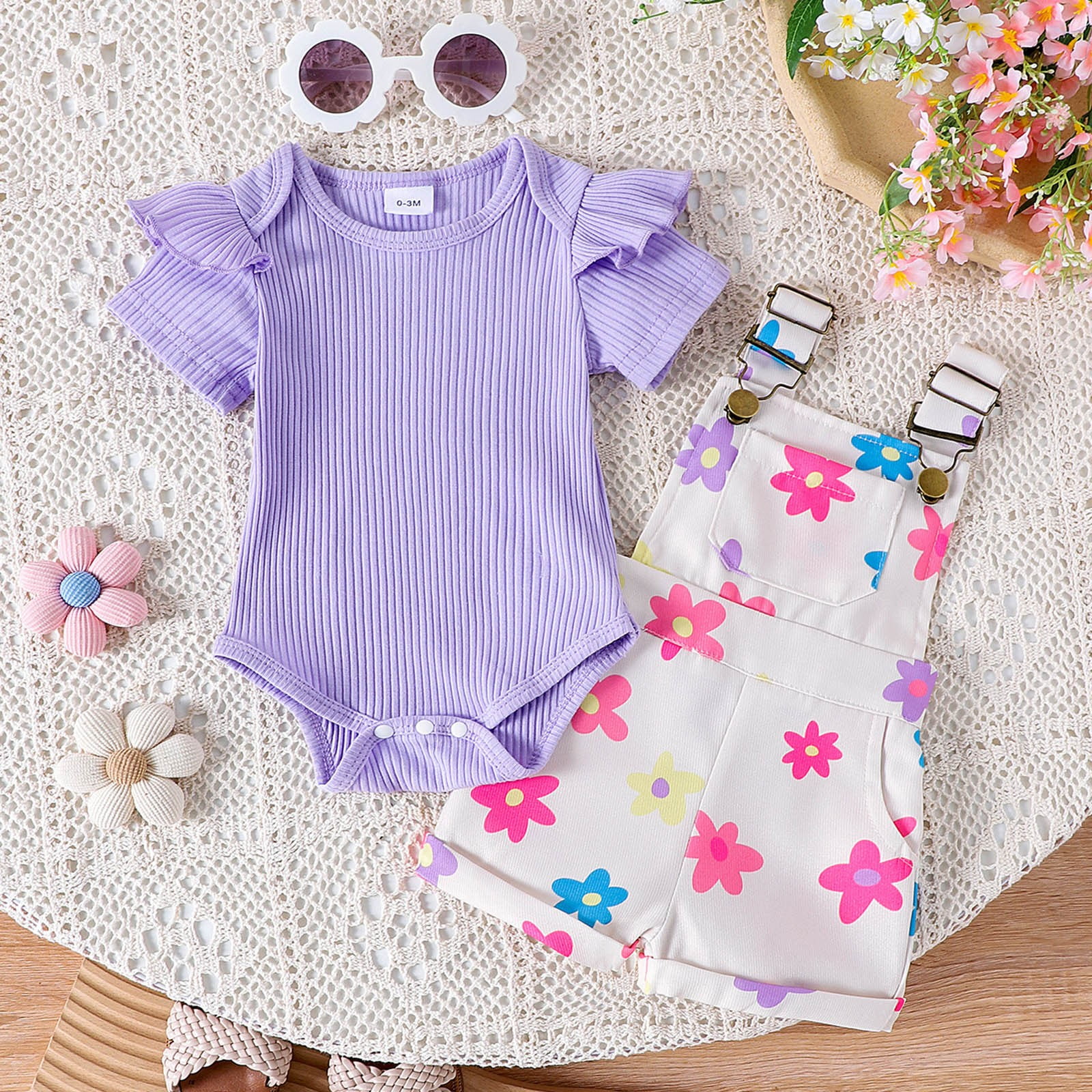 Caqnni Toddler Girl Summer Outfit Set Short Sleeve Top and Elastic Waist Shorts (Purple, 3-6 Months) rrhkf