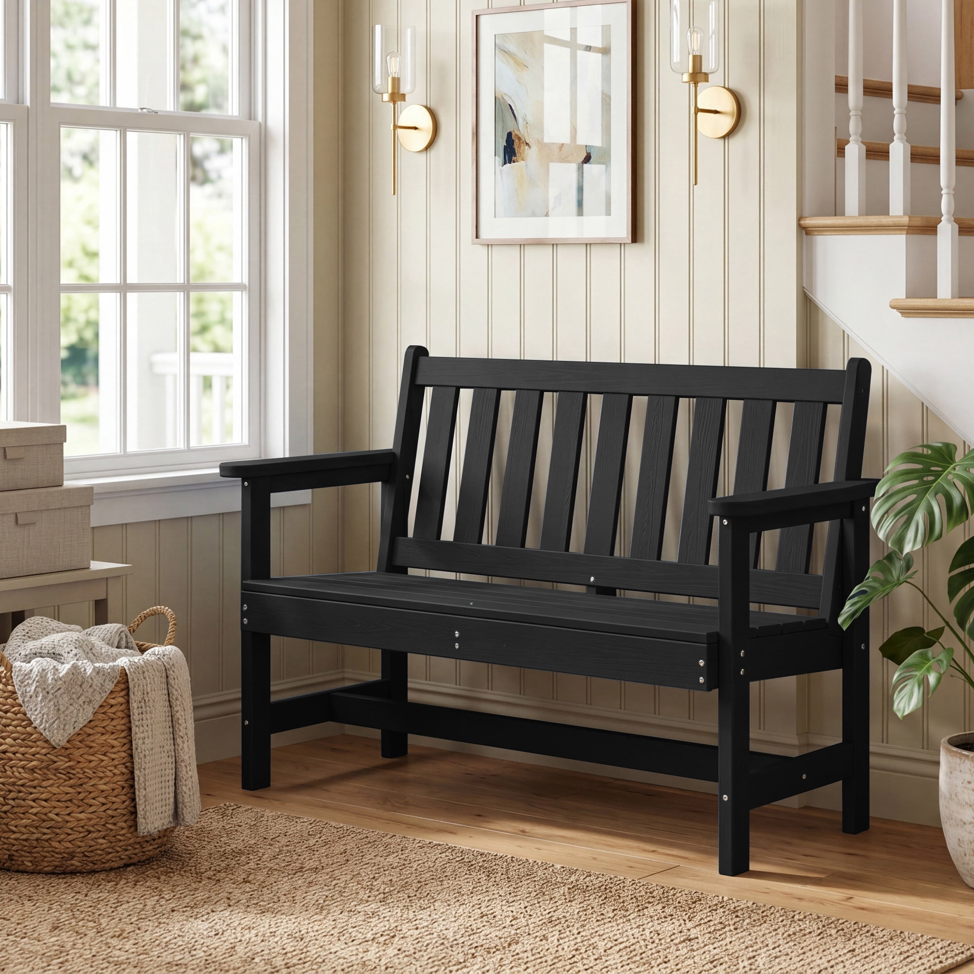 SERWALL Outdoor Patio Bench, Weather-Resistant HDPE 2-Person Garden Seating with Aluminum Reinforcement (Black, 48.82 in W) u8v4c