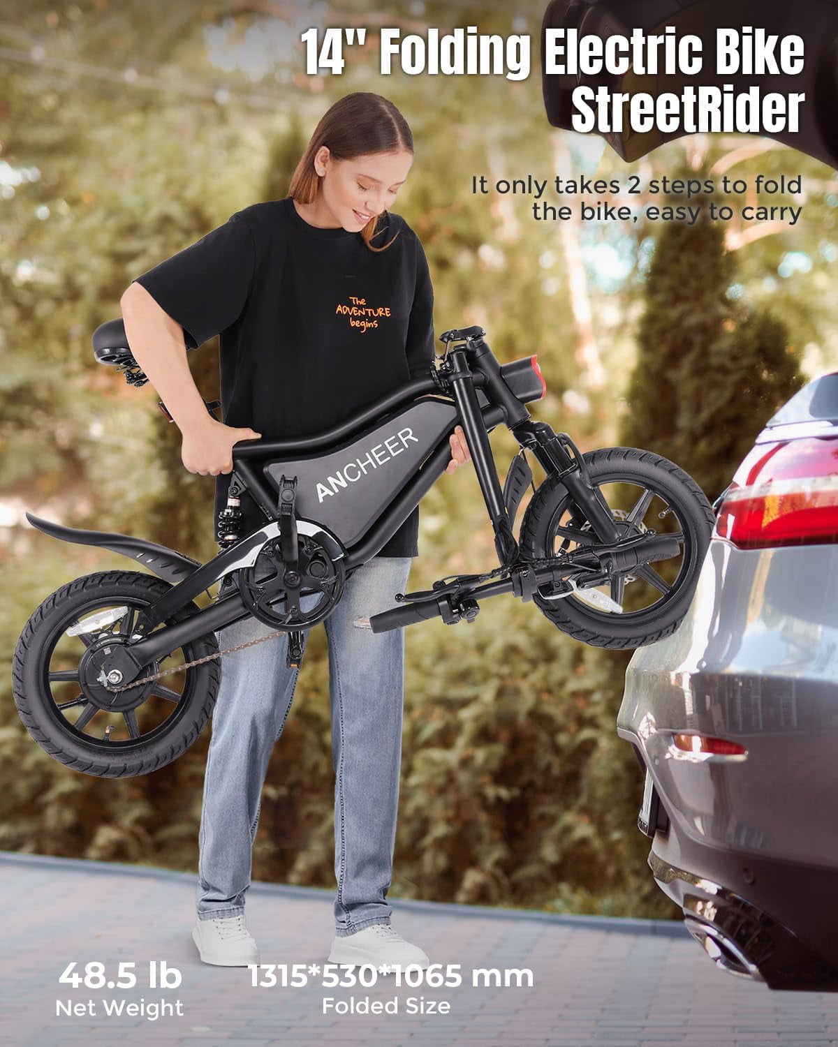ANCHEER Peak 500W Electric Bike, Foldable Commuter E-Bike with Dual Suspension and LCD Display (Black, 14 in) hns0w