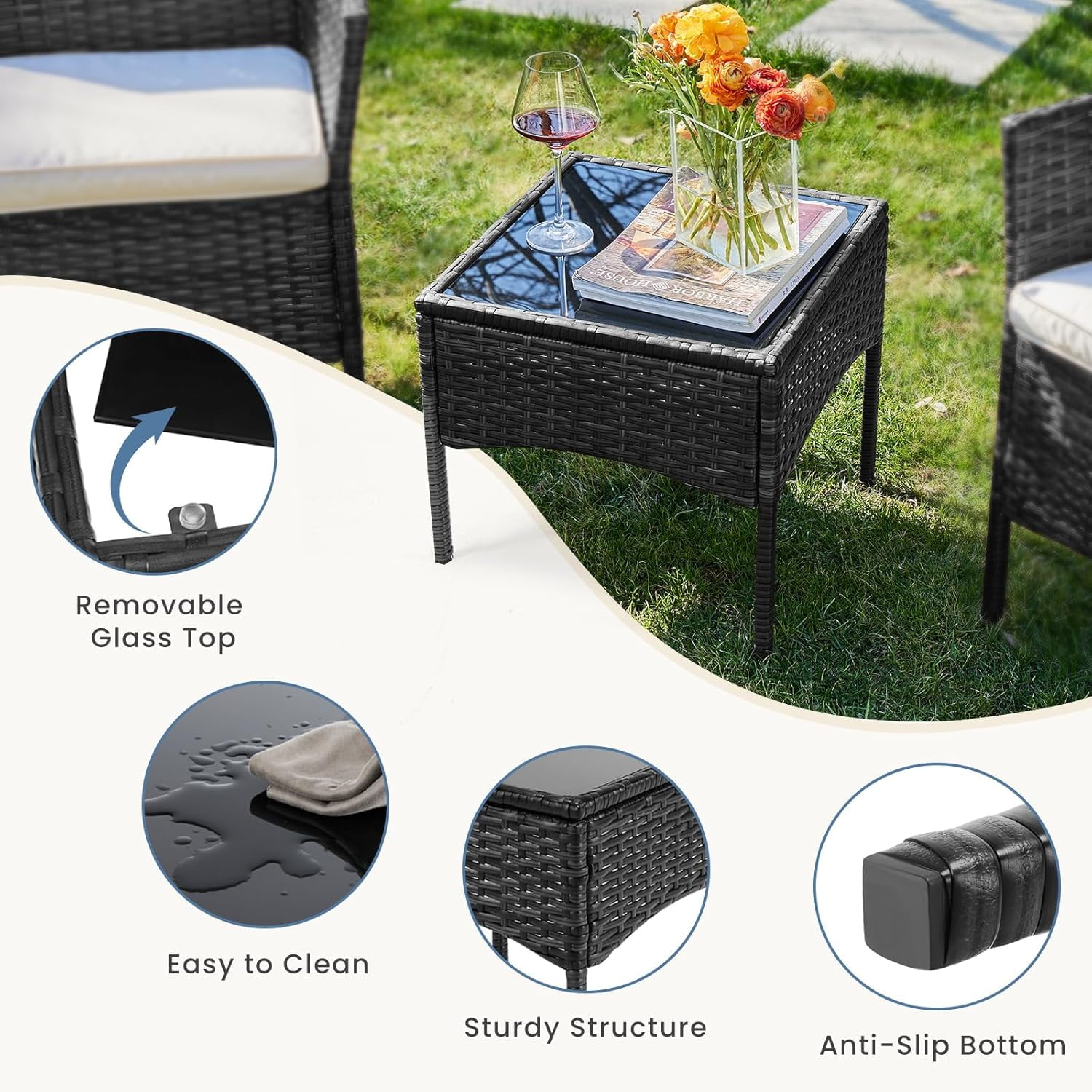 TINKLE WELL 3-Piece Outdoor Rattan Bistro Set, Patio Rocking Chairs with Glass-Top Coffee Table (Light Gray, 3-Piece Set) x3ap2
