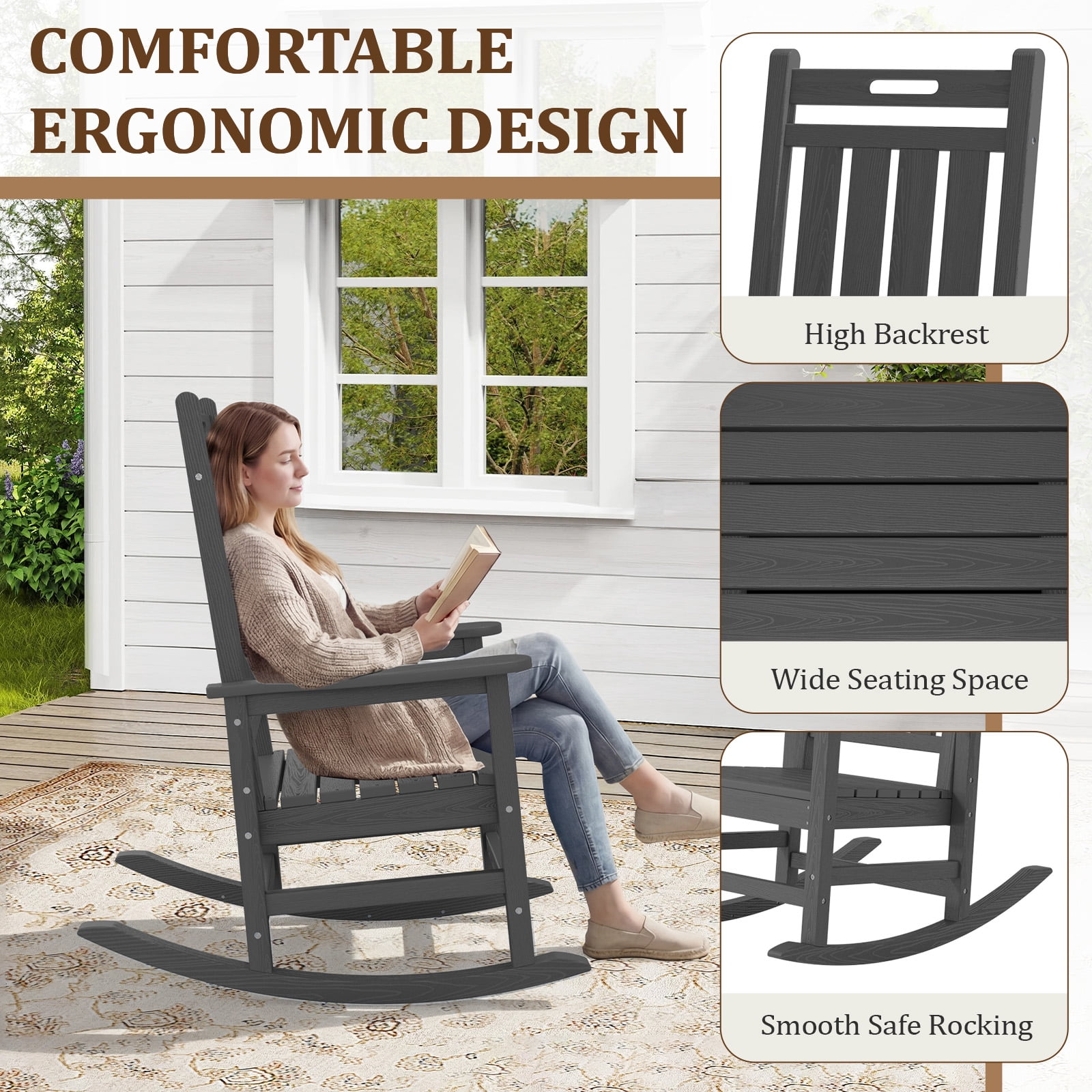 Loyalice HDPE Outdoor Rocking Chair, All-Weather High Back Patio Rocker with Wood-Grain Texture (Gray) 1kiwq
