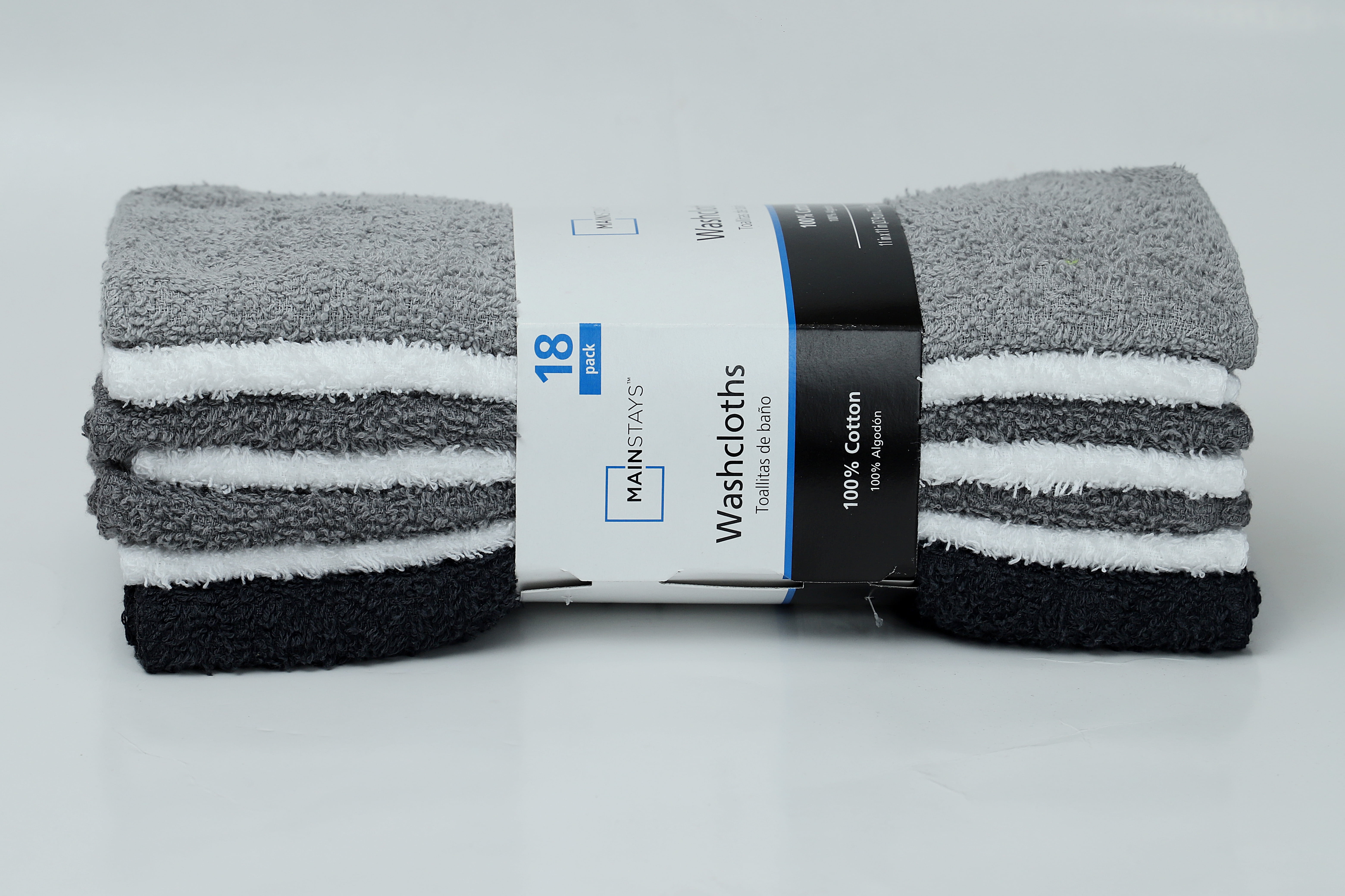 Mainstays Cotton Washcloth Set, Highly Absorbent Soft Bath Towels (Grey Multi, 18-Pack) q8crg