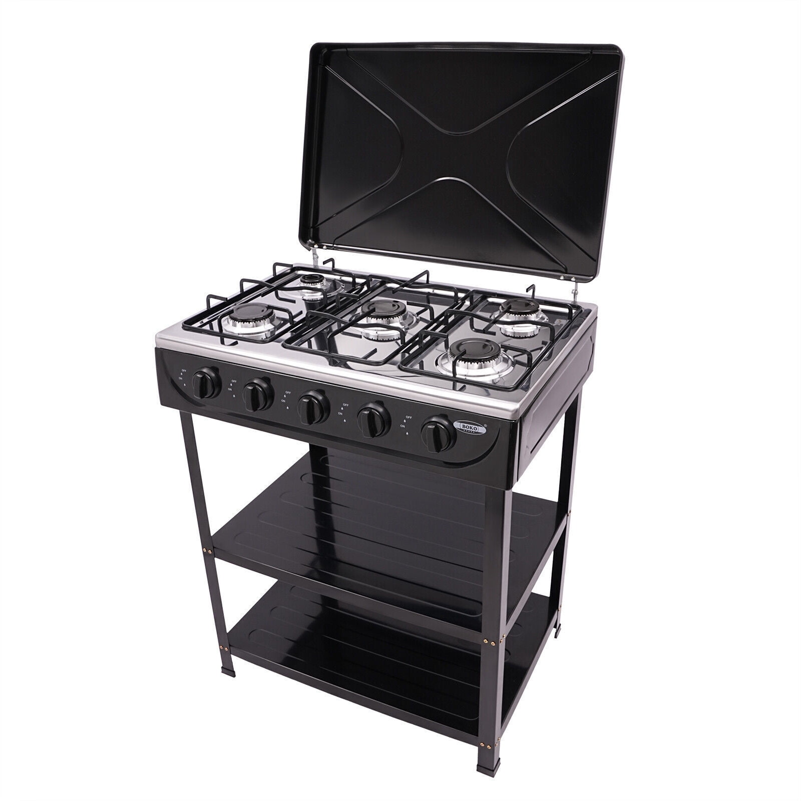 Generic 5-Burner Gas Stove Outdoor Camping BBQ Grill with 2-Tier Storage Rack (Black) g36xu