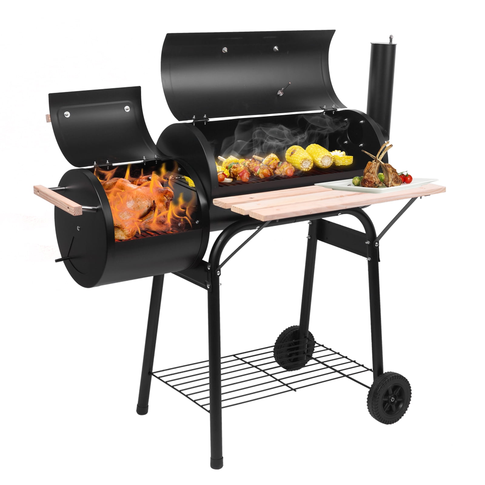 Segmart Portable Charcoal Grill with Temperature Gauge and Wood Shelves (Black, 24.4 in) r51vt