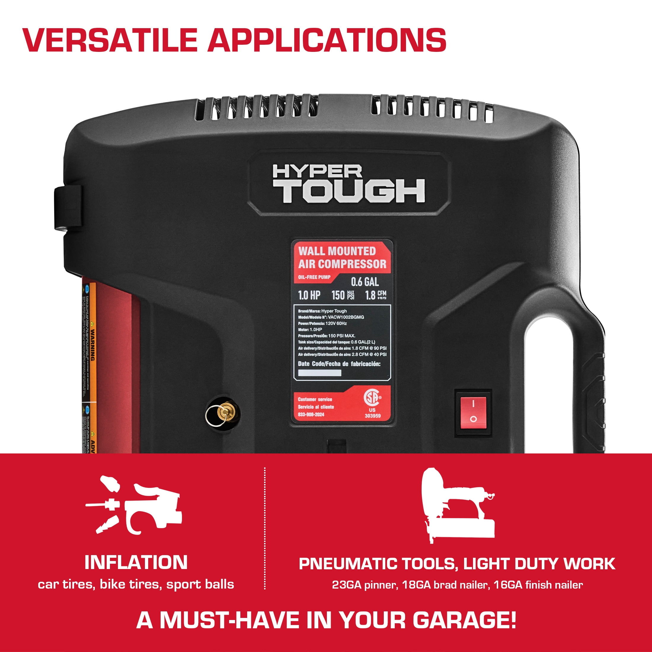 Hyper Tough Oil-Free Wall-Mount Air Compressor (Black, 0.6 Gallon) qqjj3 - Image 6