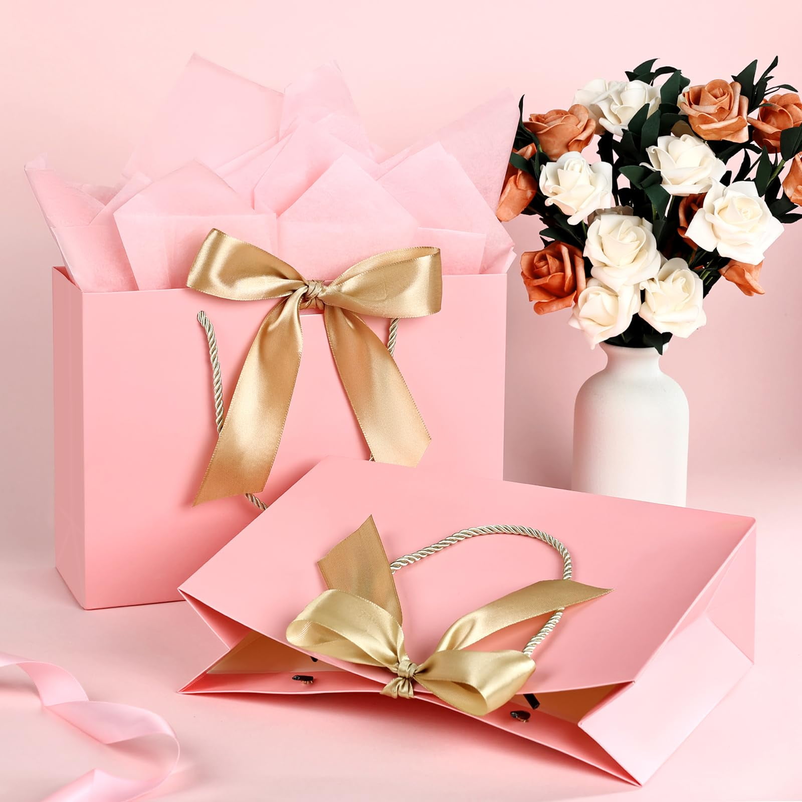 AUCLAY Large Gift Bags with Handles and Tissue Paper for Birthday Wedding Party (Pink, 3 Pack, 12.6 in) b3kws