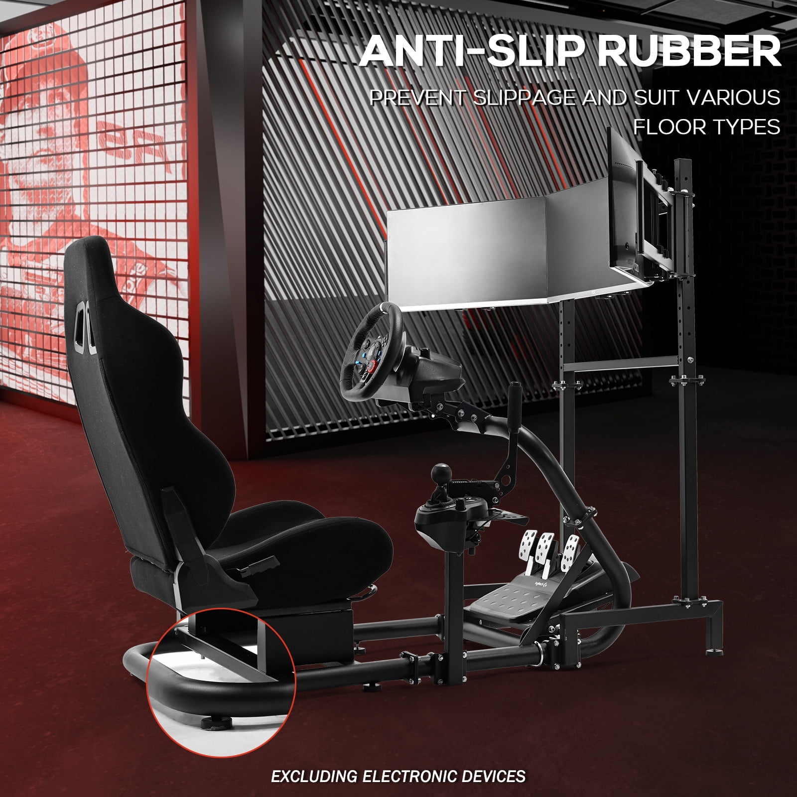 Supllueer Racing Simulator Cockpit with Triple Monitor Stand and Adjustable Seat (Black, 50 in x 24 in x 45 in) 5strn