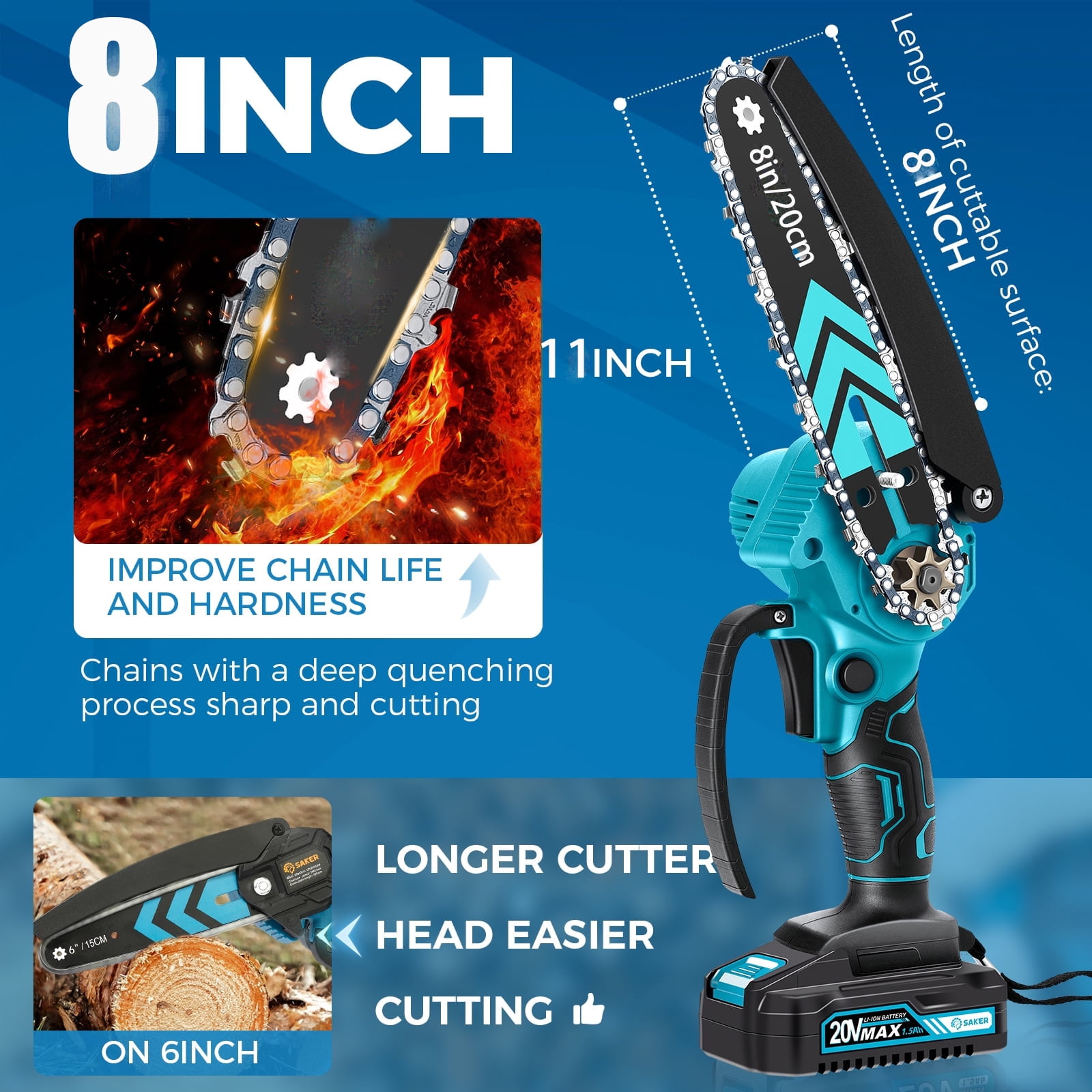 Susuzi 8-Inch Cordless Chainsaw, Brushless Mini Handheld Power Tool for Tree Trimming and Wood Cutting (Blue, 4.85 lb) 0mv7b
