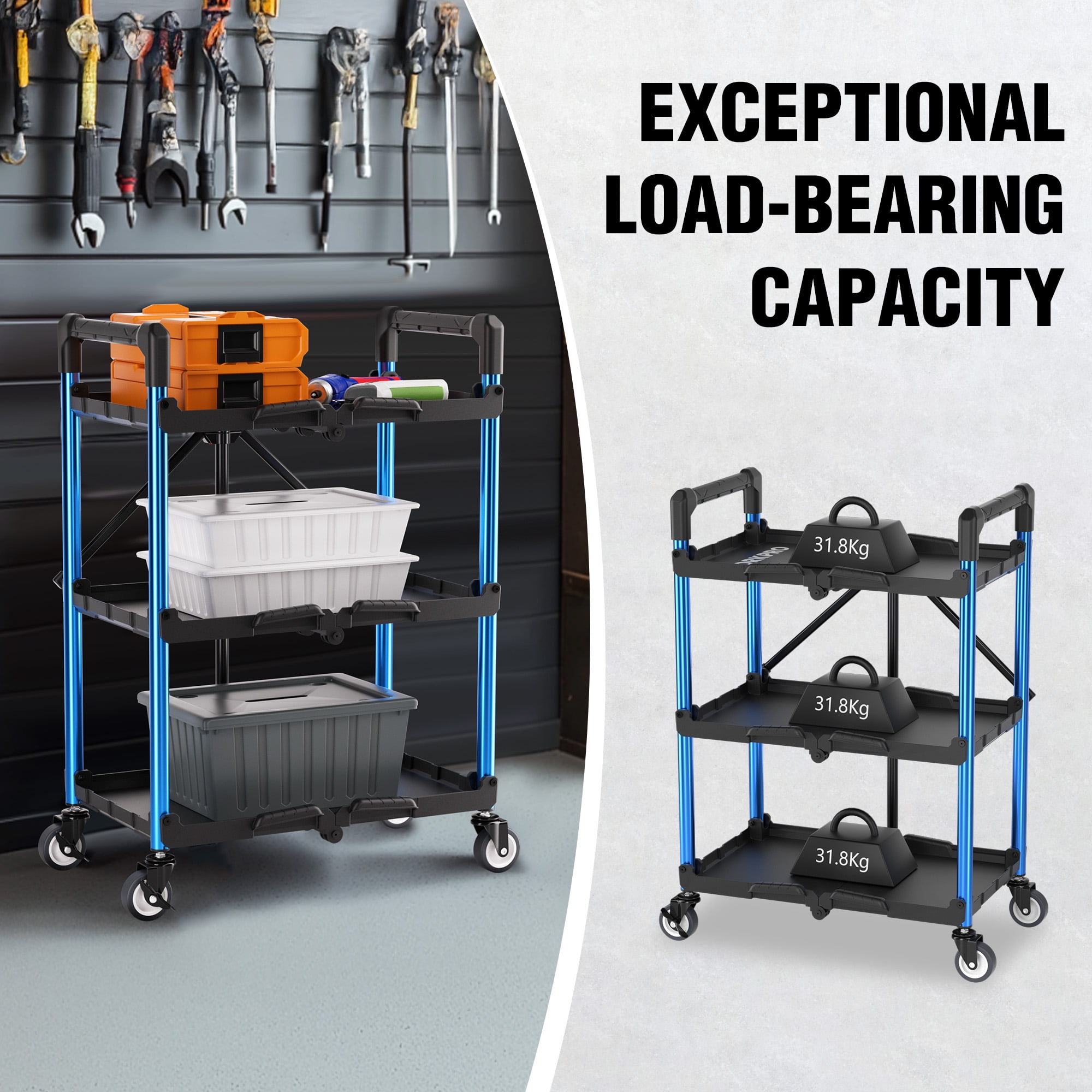 WORKPRO 3-Tier Folding Utility Cart, Heavy-Duty Rolling Service Cart with Swivel Wheels (Blue, 210 lb Capacity) gtndd